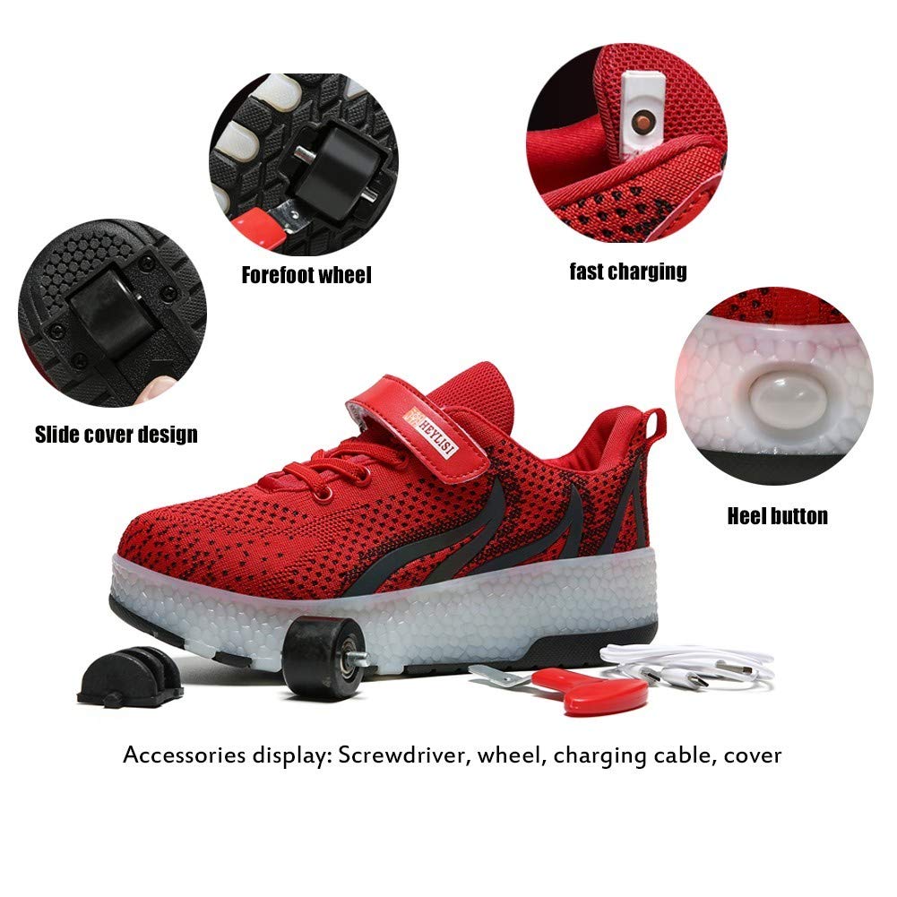 LED Light Up Shoes with Retractable Wheels for Kids - USB Rechargeable Roller Sneakers for Boys & Girls | Beginner Roller Skates | Birthday Gift Idea | Perfect for Outdoor Play, Parties & Sports (Red) - USA Stock