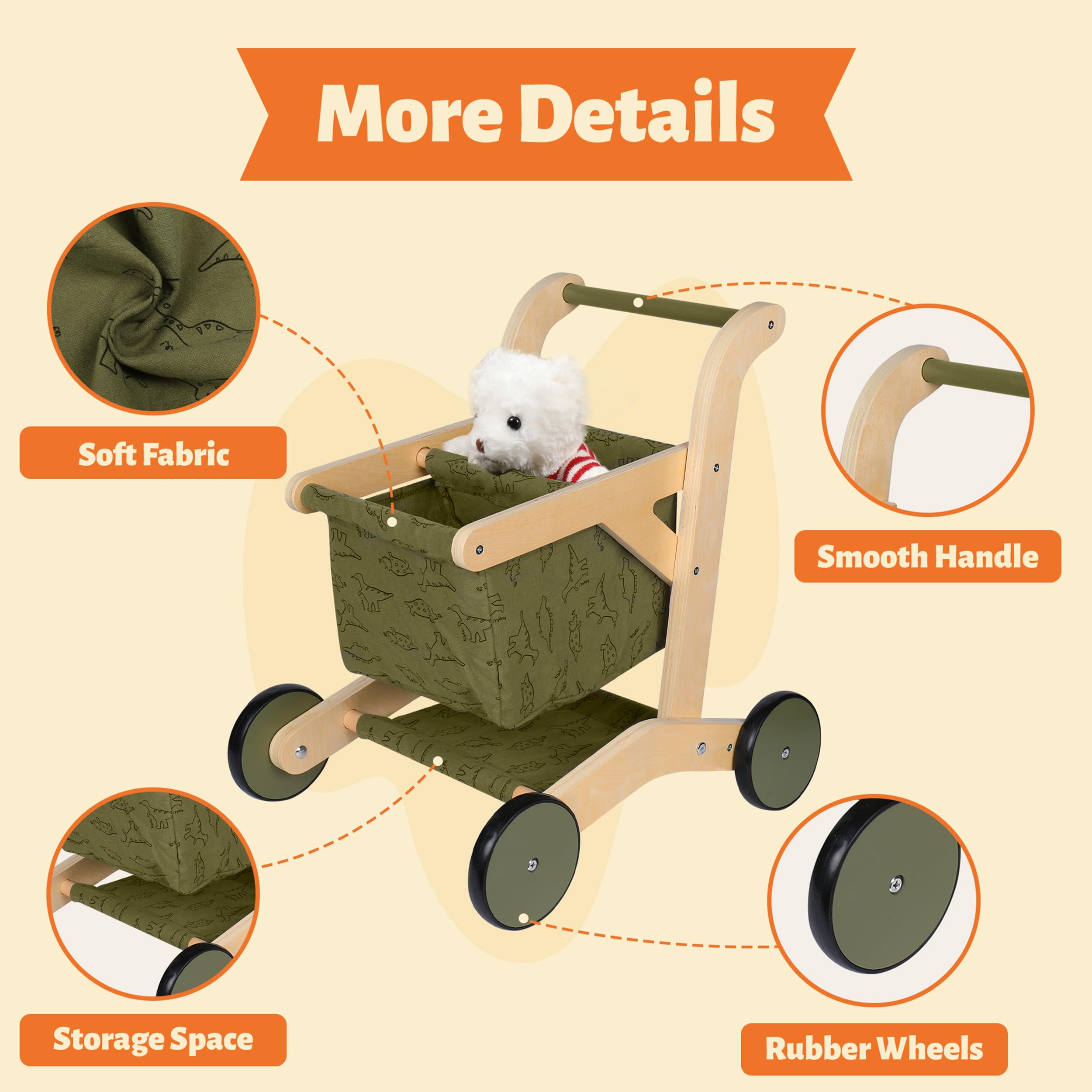 Kobkz Wooden Baby Walker & Push Toy for Toddlers - Natural Wood Learning Walker with Wheels, First Steps Assistant (Green) | Perfect for Early Walking Practice, Indoor Play & Montessori Learning