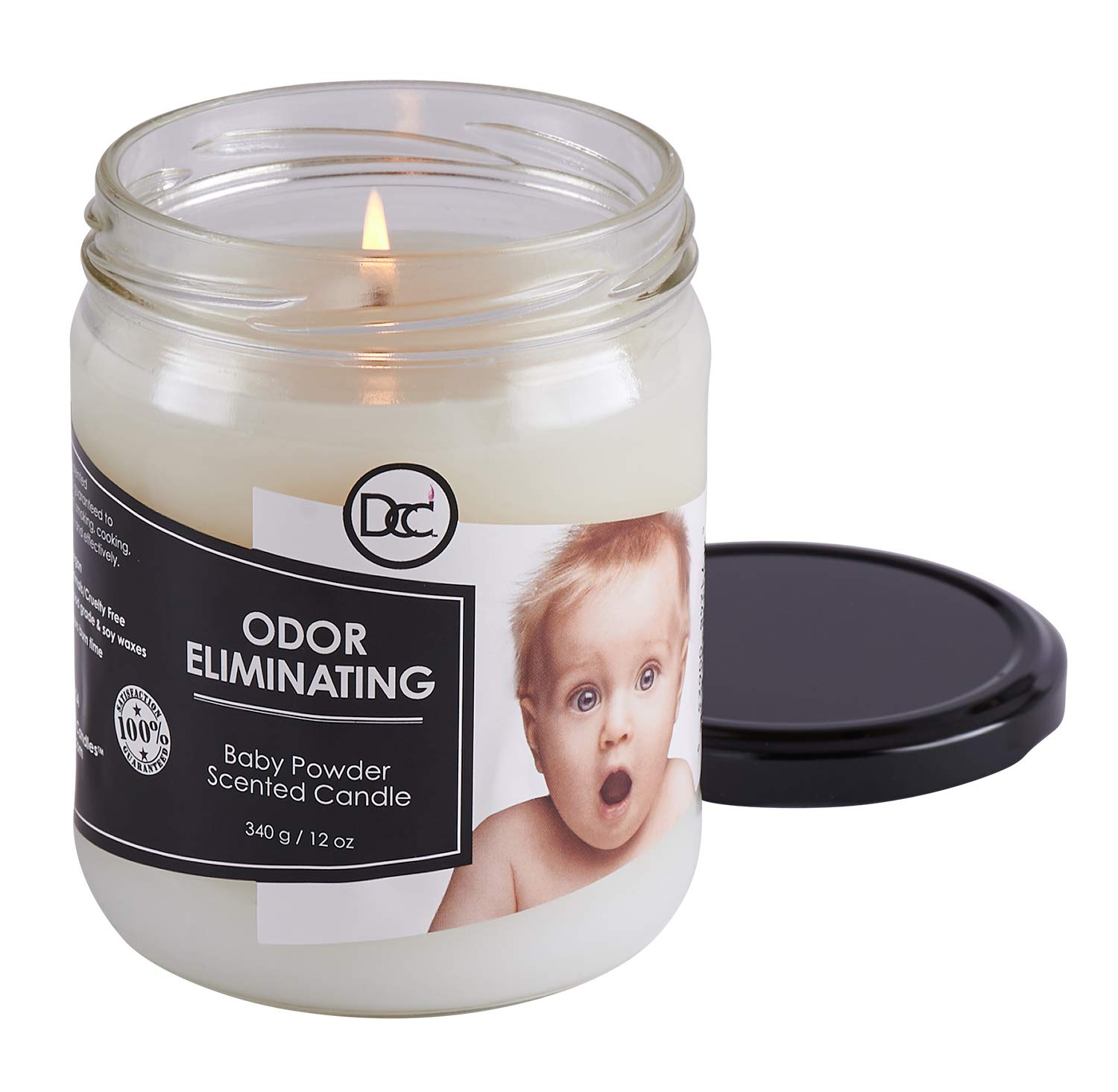 Baby Powder Scented Odor Eliminating Candle - Removes 95% of Pet, Smoke & Food Odors Fast - 80 Hour Burn Time - 12oz Premium Soy Wax Blend - Perfect for Homes, Bathrooms & Nurseries