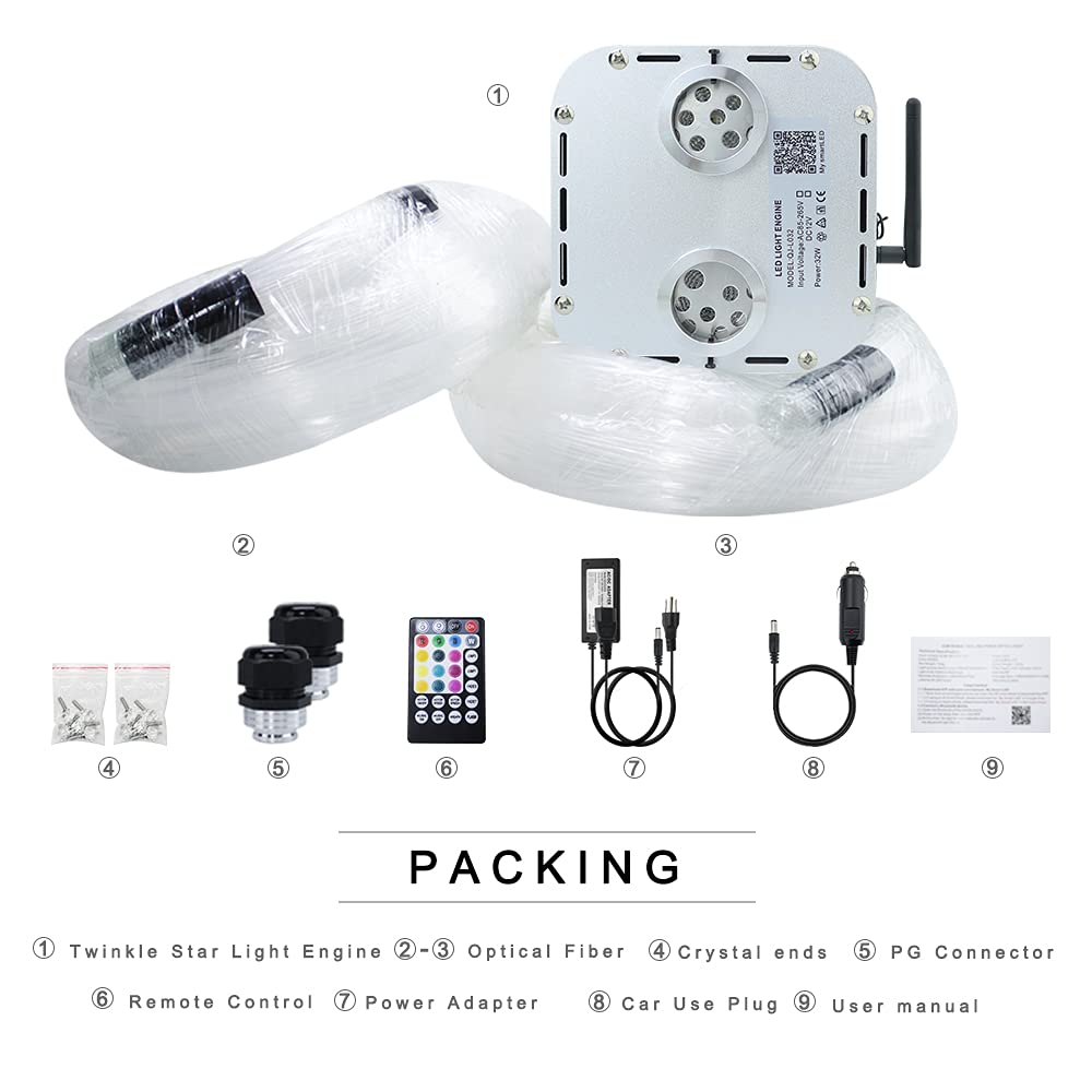 AKEPO 32W RGBW Twinkle+APP+Sound Activated Dual Head Fiber Optic Lights Kit - 1110pcs 16.4ft/5m Mixed Fiber Optic Strands for Star Ceiling & Sky Light - Perfect for Home Indoor Decor, Car Headliner Starlight, Bedroom Ambience & Party Lighting