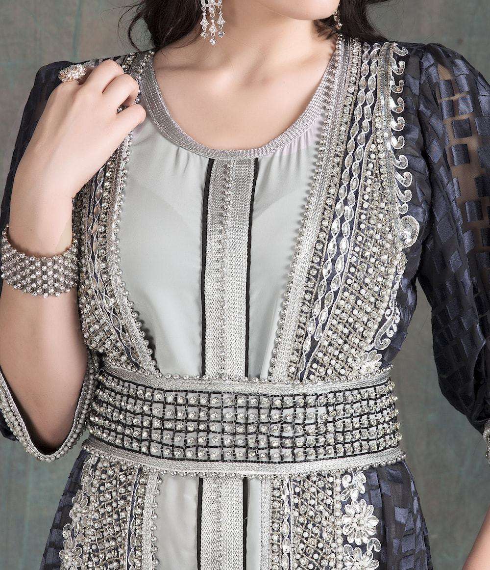 Elegant Grey Wedding Gown with Hand Beaded Moroccan Kaftan Design - MYPF1220 | Designer Bridal Dress for Beach Weddings, Boho Chic Ceremonies & Special Occasions