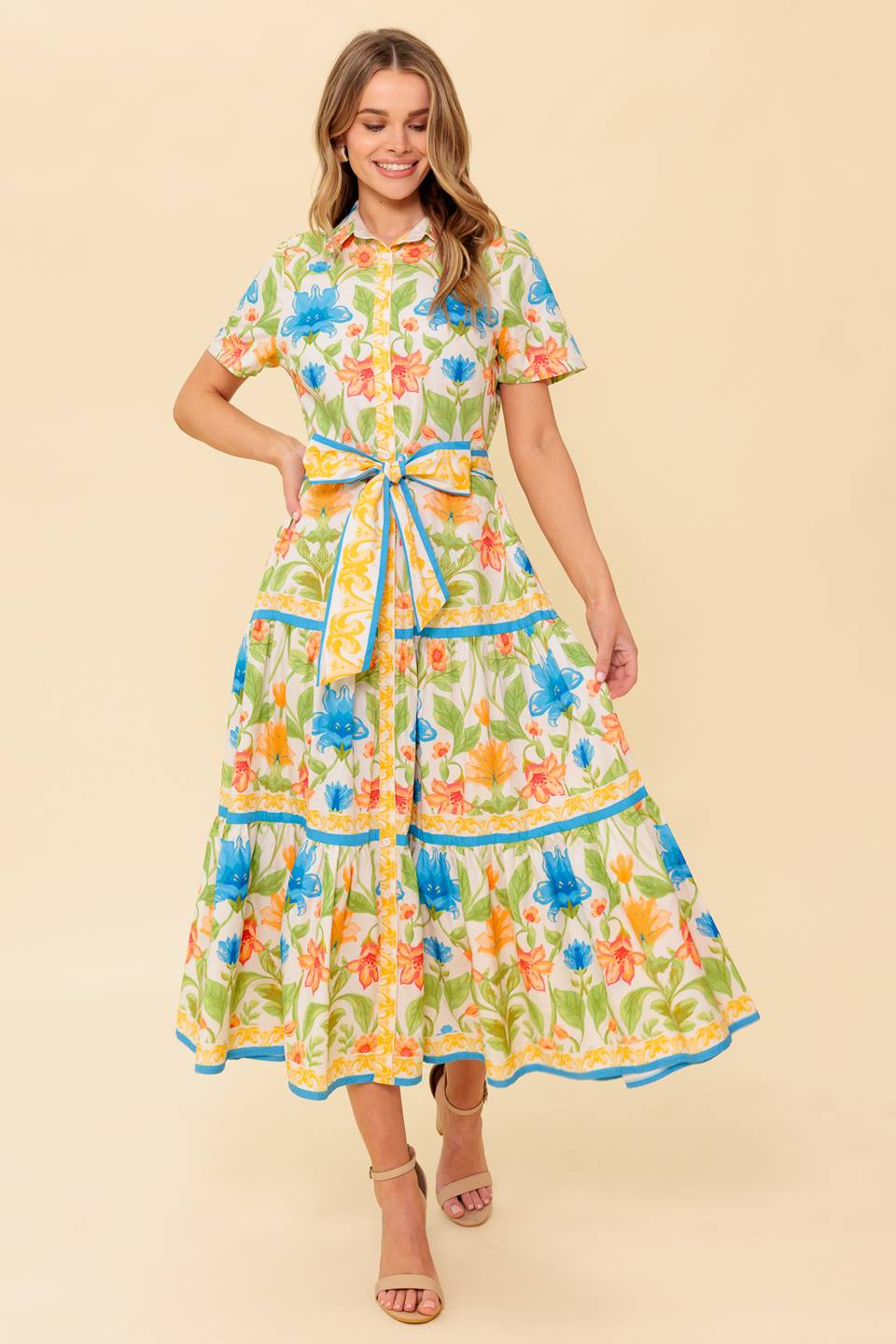 Ivory Floral Shirt Dress for Women - Elegant Casual Summer Dress for Office, Brunch & Date Night