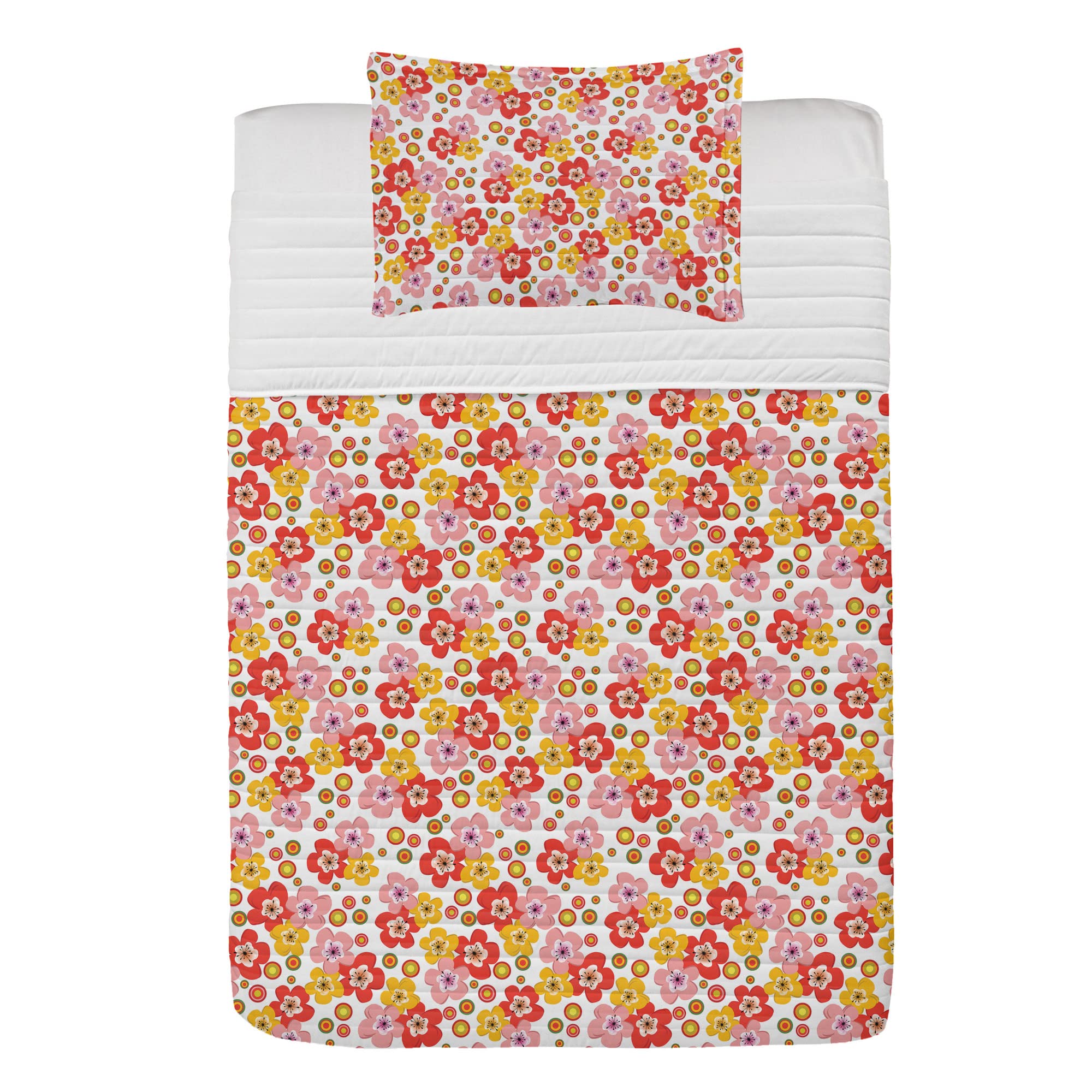 Ambesonne Floral Microfiber Bedspread Set - Colorful Spring Flowers & Concentric Dots Design in Warm Tones, Soft Twin Size Bedding with Pillow Sham & Comforter (White Blush/Vermilion) - Perfect for Spring Bedroom Decor, Guest Room Makeover & Cozy Home Styling