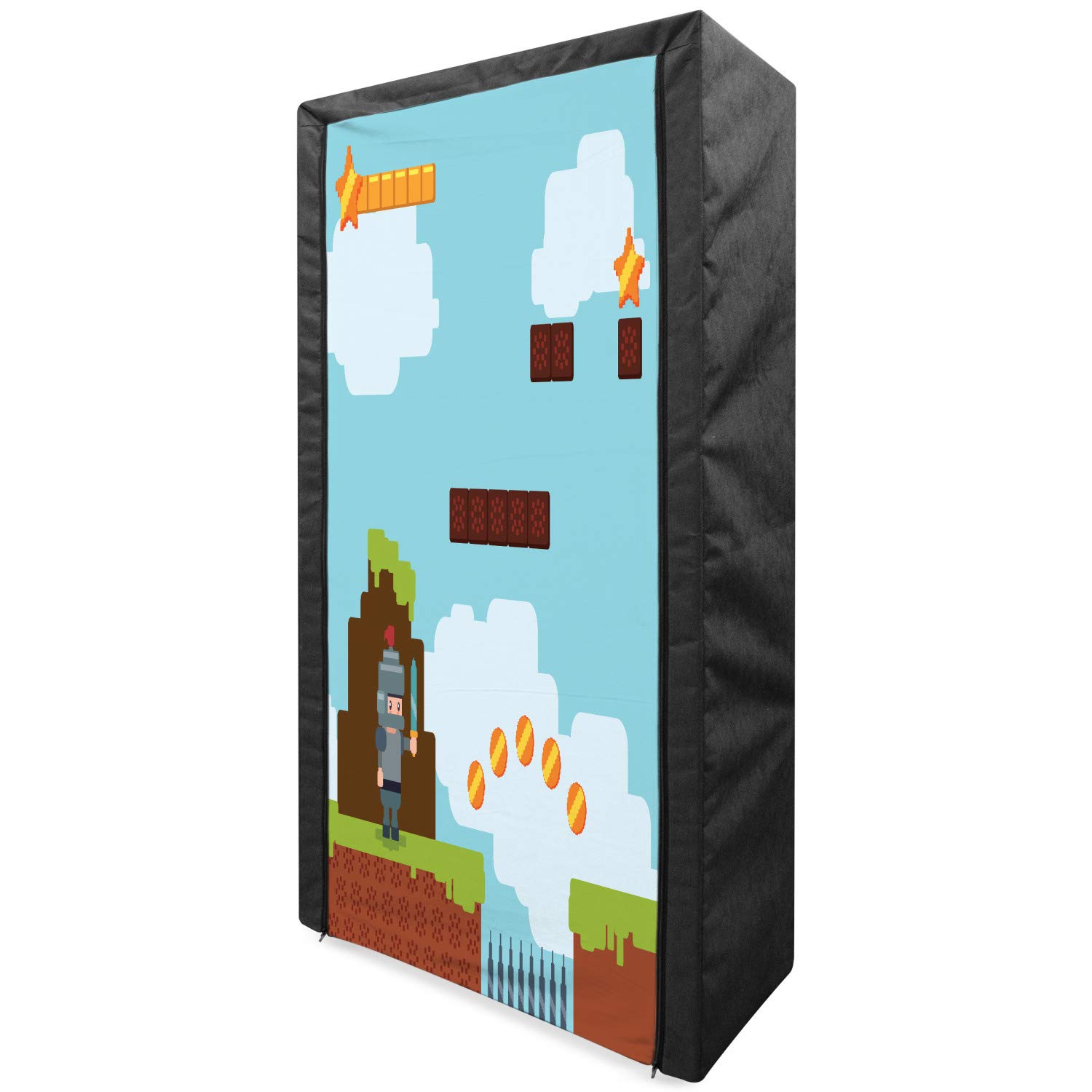 Ambesonne Video Game Themed Portable Fabric Wardrobe - Arcade Inspired Knight, Fireball & Stars Design - 33.5