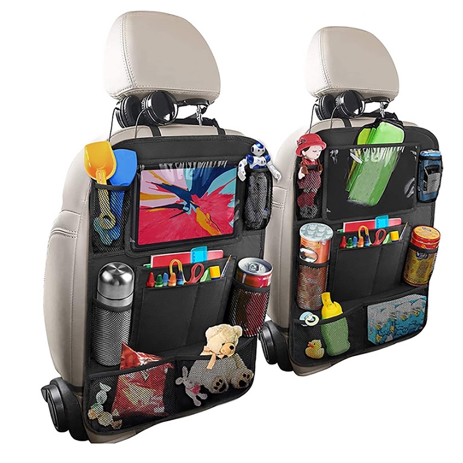 2PCS Car Backseat Organizer with Tablet Holder - Waterproof Multi-Pocket Storage for Toys, Magazines & Cups | Durable Seat Organizer for Road Trips, Family Travel & Daily Commute