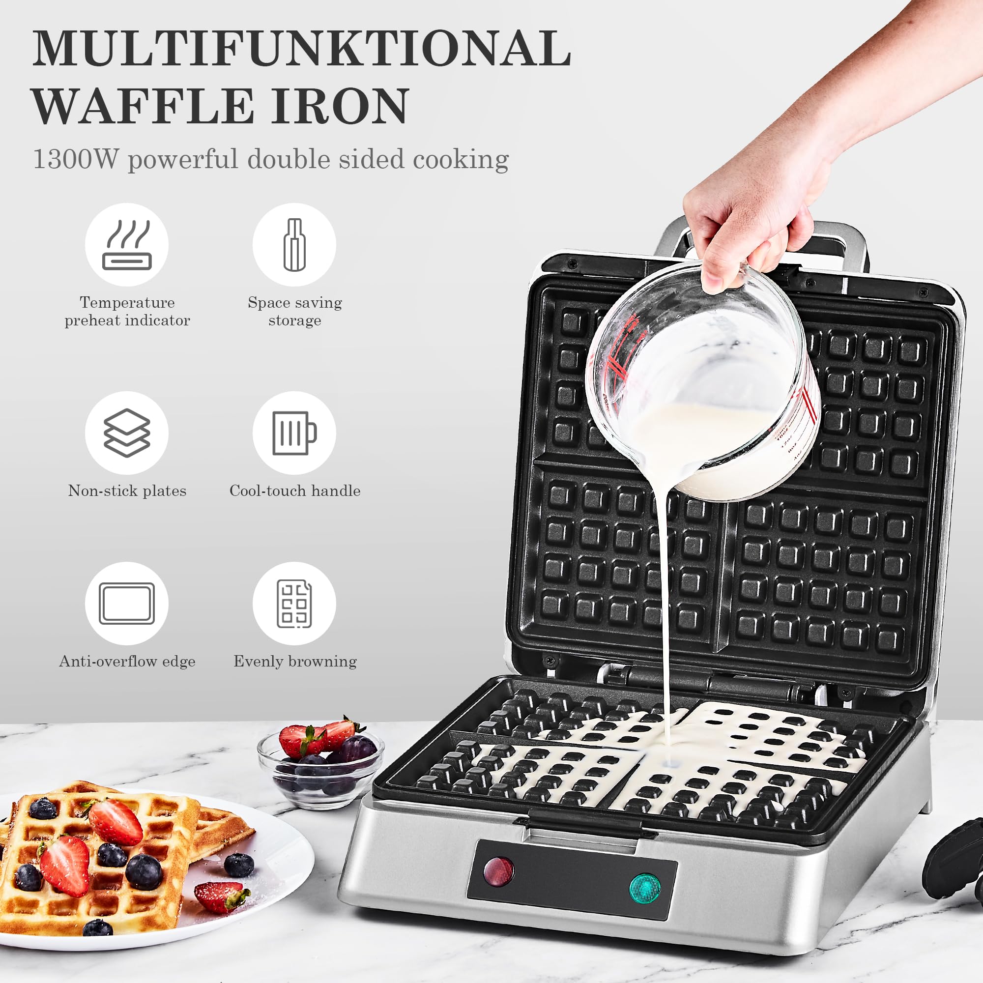 Roter Mond Belgian Waffle Maker - 4 Slice Stainless Steel Waffle Iron with Non-Stick Surface, 1300W, Silver | Perfect for Family Breakfast, Easy to Clean & Space-Saving Storage | Ideal for Home, Brunch Parties & Holiday Gatherings