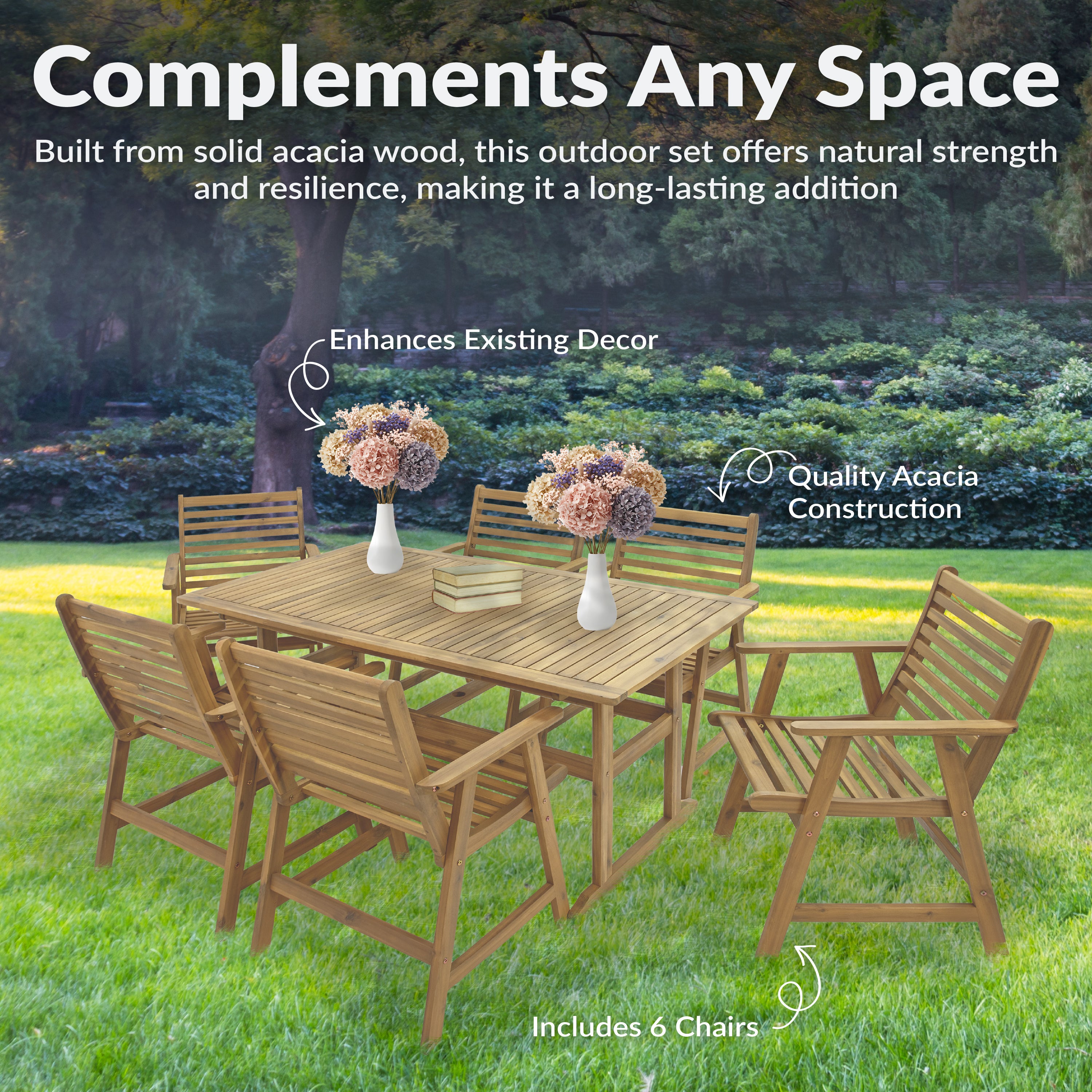 Sunnydaze Hatteras 7-Piece Outdoor Patio Dining Set with Umbrella Hole - Seats 6 People - Perfect for Backyard BBQs, Poolside Gatherings & Garden Parties