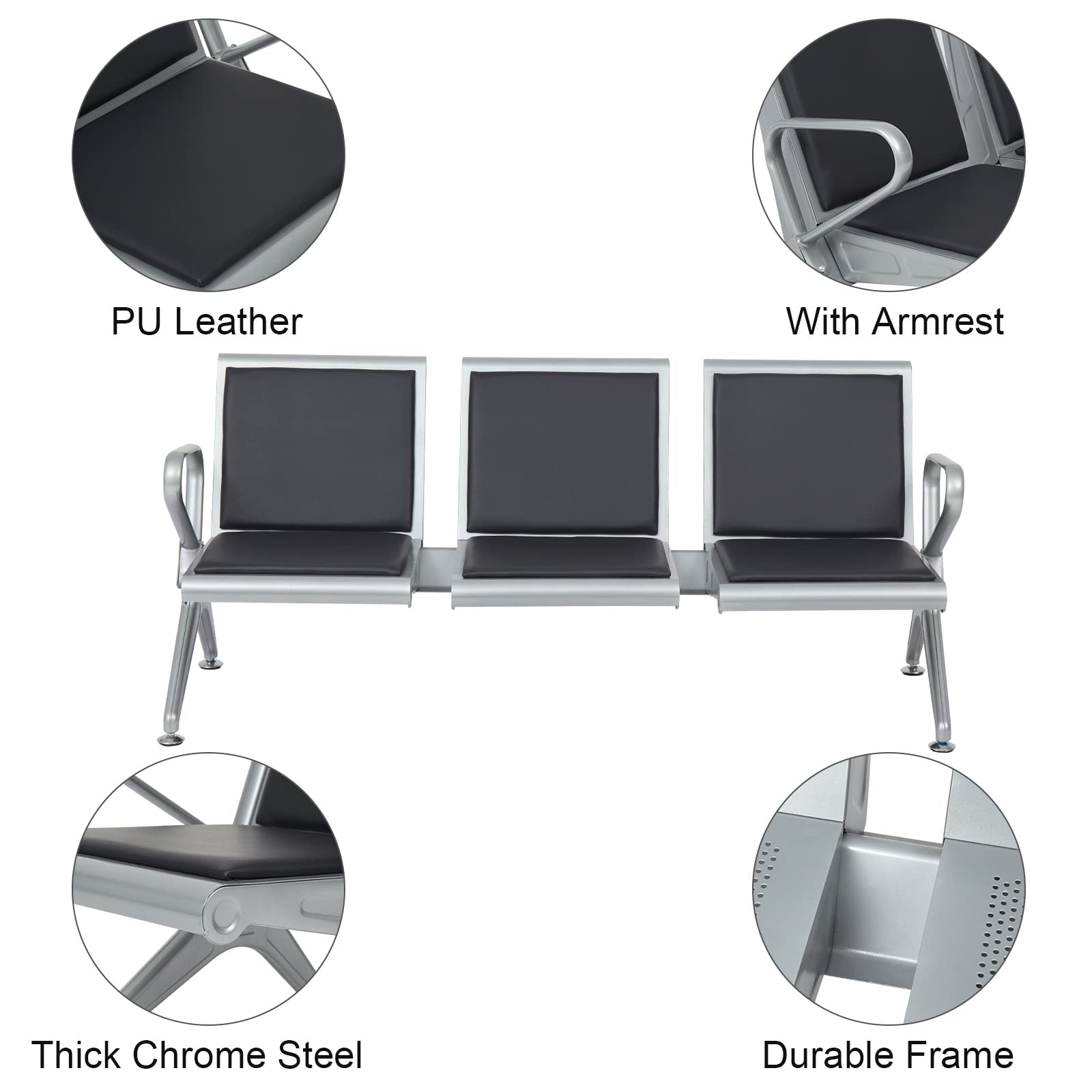 KINTNESS 3-Seat Reception Waiting Room Chair - Office Airport Lobby Guest Bench for Hospital Salon Barber Shop Conference Hall (Perfect for Waiting Areas, Reception Spaces & Public Seating)