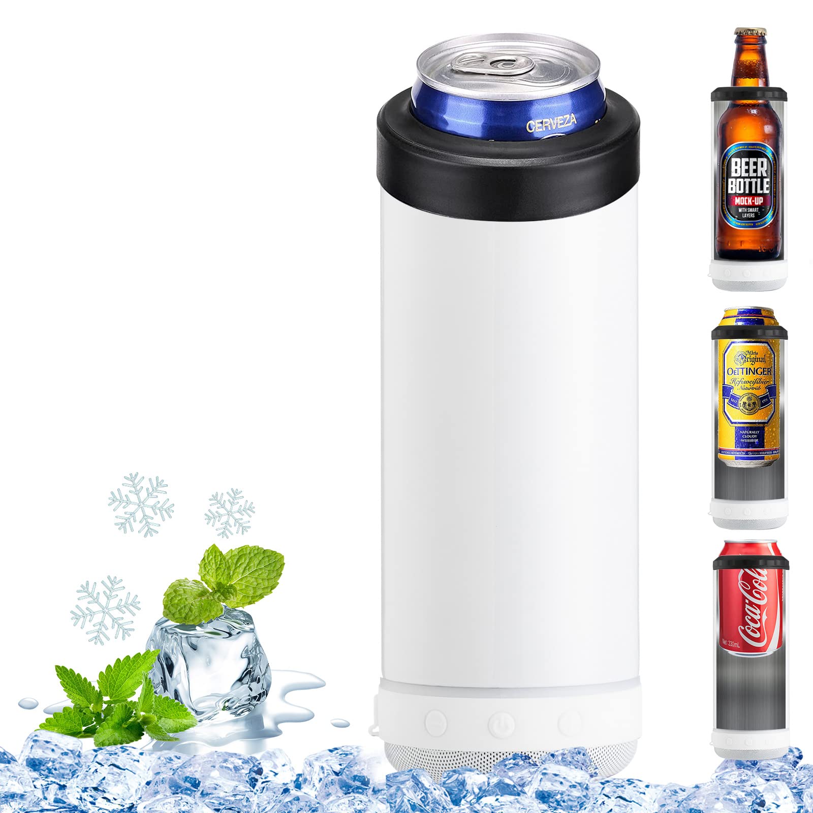 INSTOME 4-in-1 Sublimation Can Cooler with Bluetooth Speaker - 16oz Insulated Music Can Cooler with Detachable LED Light - Perfect for Summer Beach Parties, Poolside Drinks & Outdoor BBQs (White)