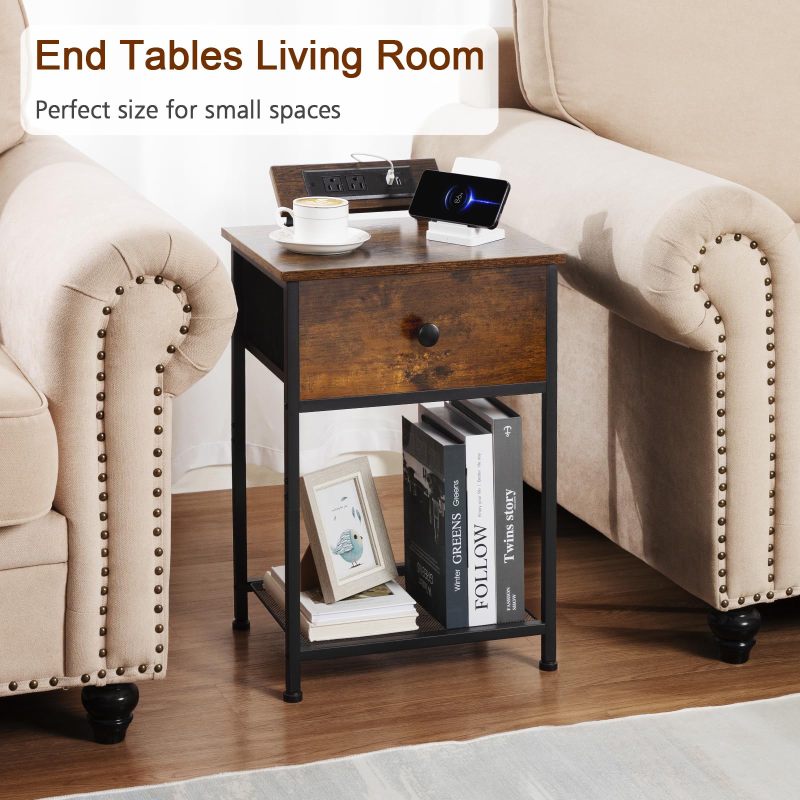 AMHANCIBLE Night Stand Set of 2 - Modern End Tables with Charging Station & Fabric Storage Drawer, Slim Bedside Tables for Small Spaces - Perfect for Bedroom, Living Room, or Office (Brown, HET03SDPBR)