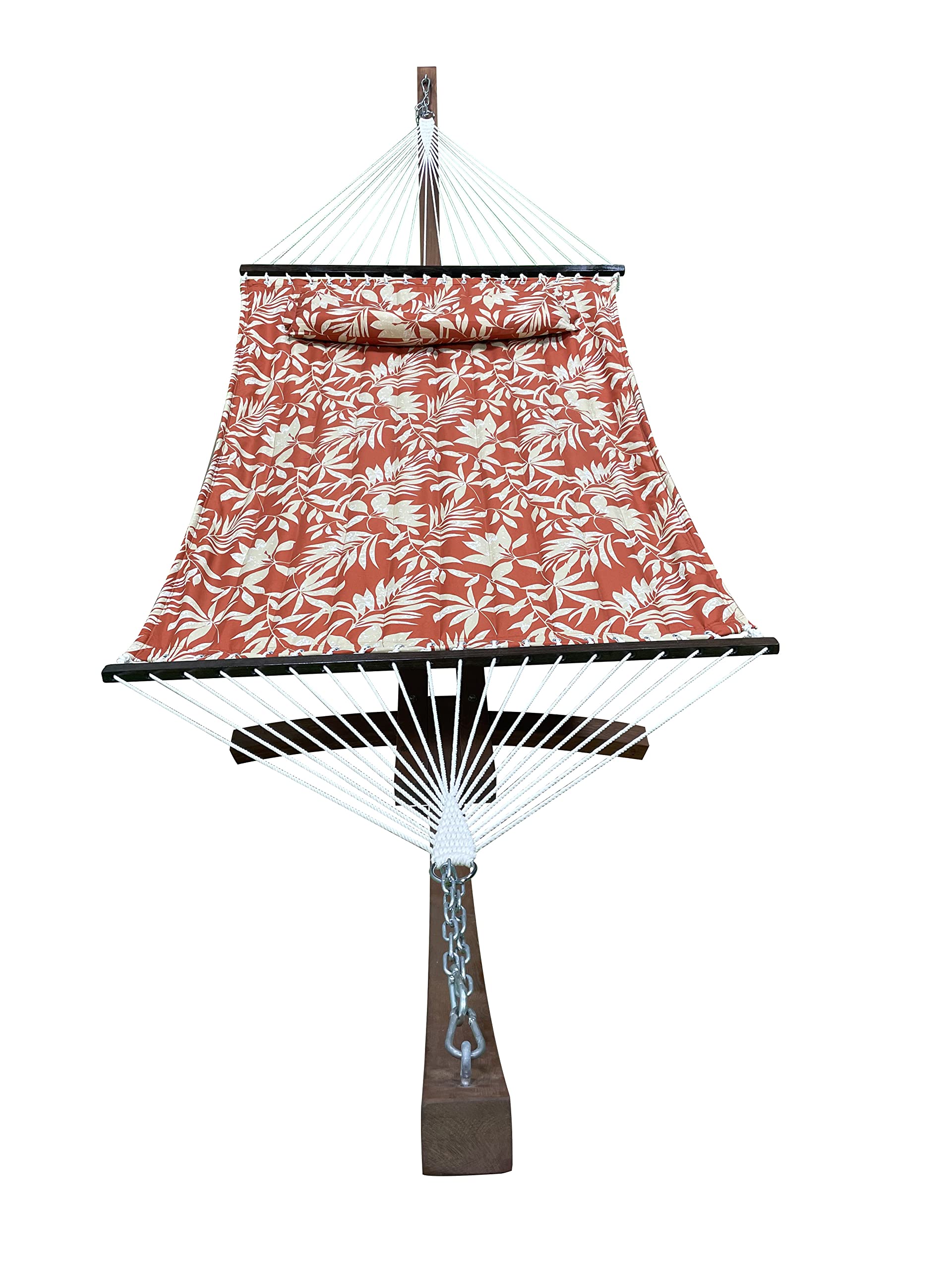 14 Ft. Wooden Arc Hammock Stand with Deluxe Quilted Double Padded Hammock Bed & Pillow - 2 Person Outdoor Hanging Bed - 450 LB Weight Capacity (Teak Stain/Elegant Floral) - Perfect for Backyard Relaxation, Patio Lounging & Garden Getaways