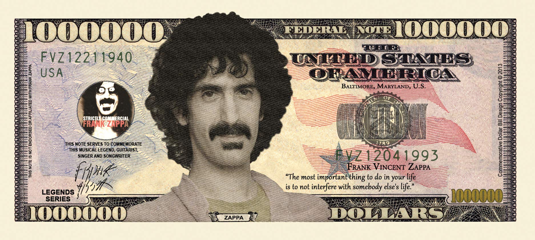 Frank Zappa Million Dollar Bill Replica - Pack of 10 Collectible Novelty Bills - Perfect Gift for Music Fans & The Mothers of Invention Collectors - Great for Parties, Fan Events & Music Memorabilia Displays