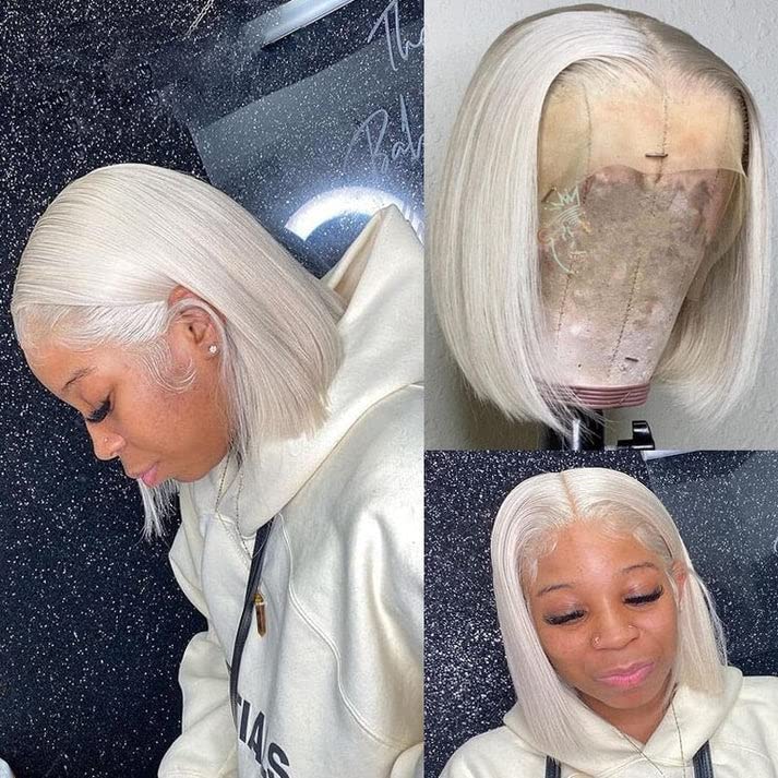 #60 Grey White Platinum Blonde HD Transparent Lace Front Wig - 150% Density 13x4 Human Hair Short Bob with Baby Hair | Straight Natural Look for Women | Perfect for Daily Wear, Cosplay & Special Occasions