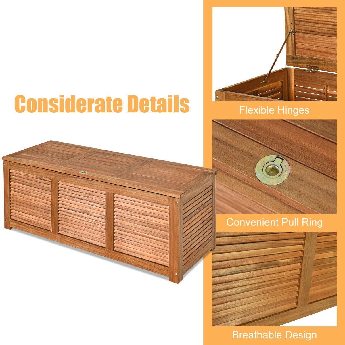 47 Gallon Acacia Wood Deck Storage Box - Outdoor Bench Organizer for Toys, Cushions & Garden Tools | Patio, Deck & Garden Furniture Storage Solution