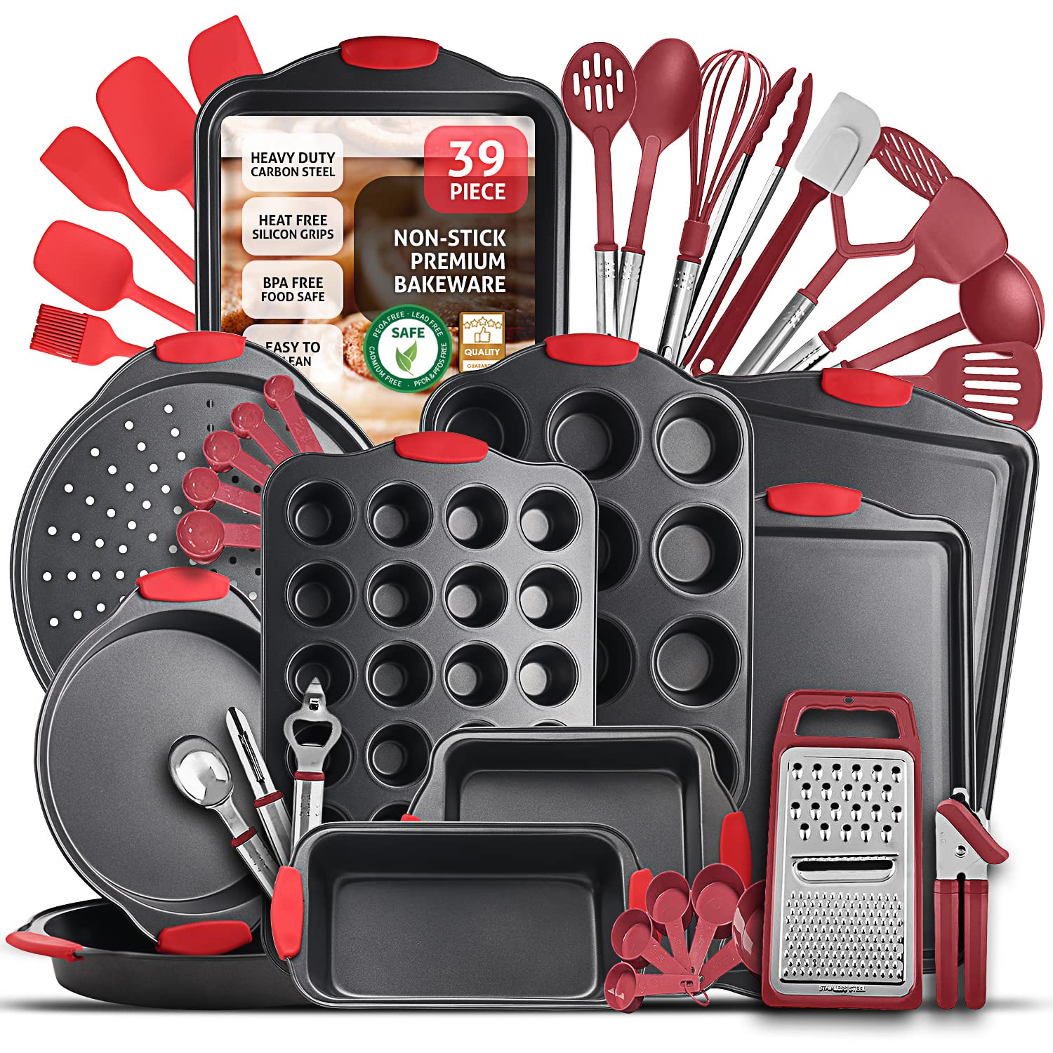 39-Piece Premium Nonstick Baking Pan Set - BPA Free Bakeware with Cookie Sheets, Muffin Pan, Cake Pan & Red Kitchen Utensils - Perfect for Home Baking, Holiday Treats & Professional Pastry Making