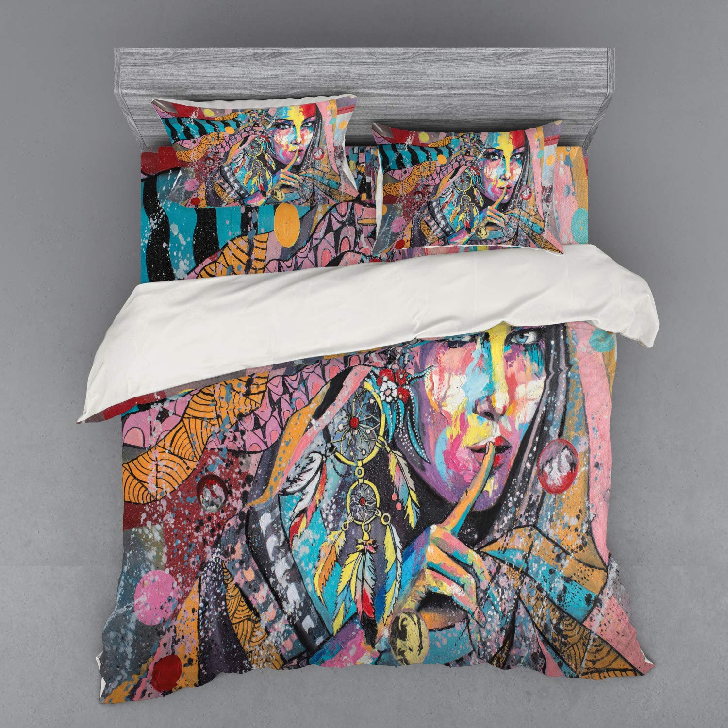 Ambesonne Modern Art Duvet Cover Set - Bohemian Dreamcatcher & Ethnic Print Bedding, 4 Piece King Size with Shams & Fitted Sheet, Multicolor | Perfect for Boho Chic Bedrooms & Guest Room Decor