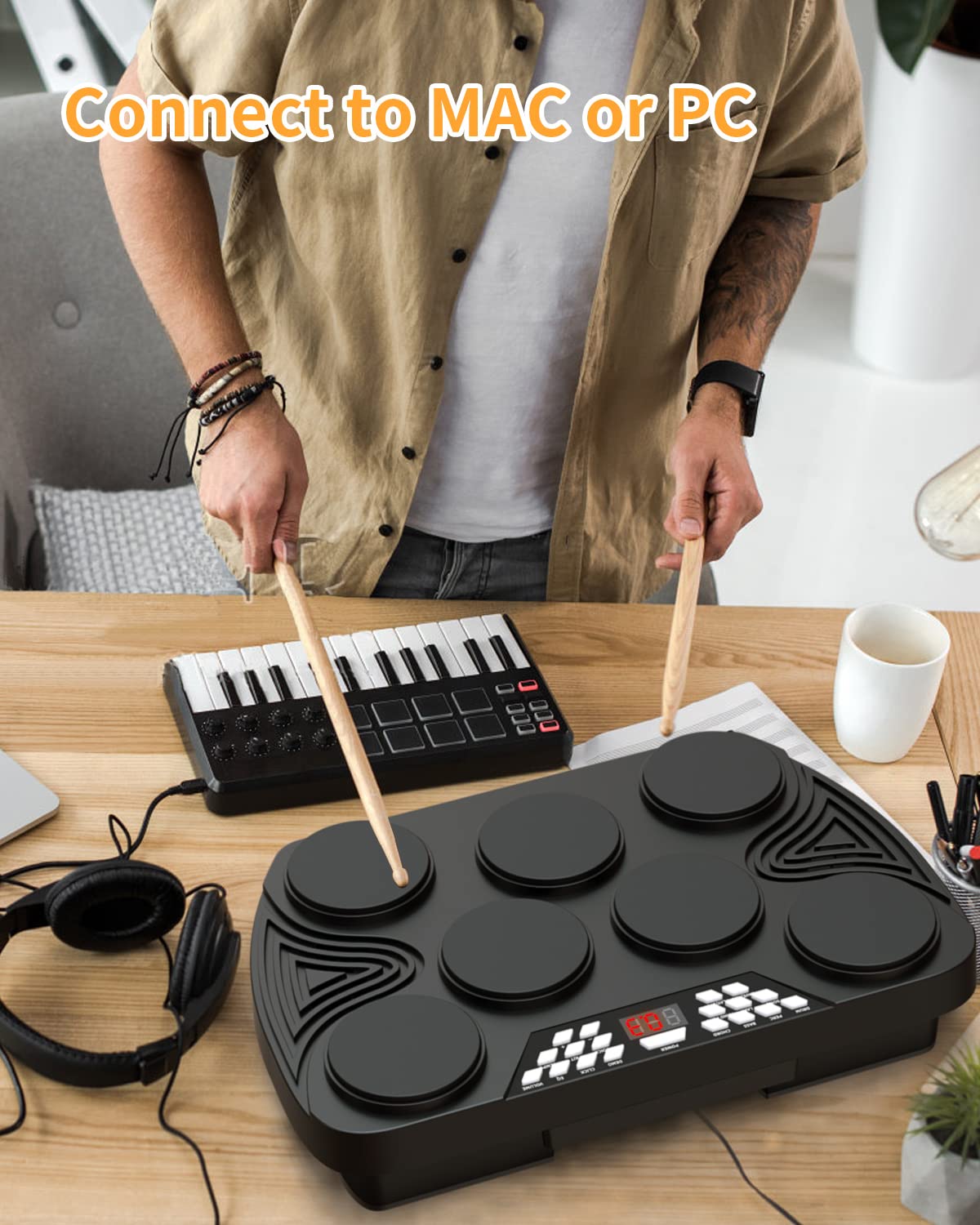KONIX 7-Pad Electronic Drum Set - Portable Tabletop Digital Drum Kit with Built-in Speakers, Digital Panel & PC Connection - Perfect for Teens & Adult Beginners - Ideal for Home Practice, Studio Recording & Live Performances