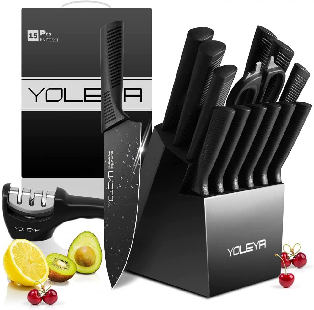 MengK Ban 15-Piece Professional Kitchen Knife Set with Non-Stick Coating & Block - Perfect for Home Chefs and Everyday Cooking