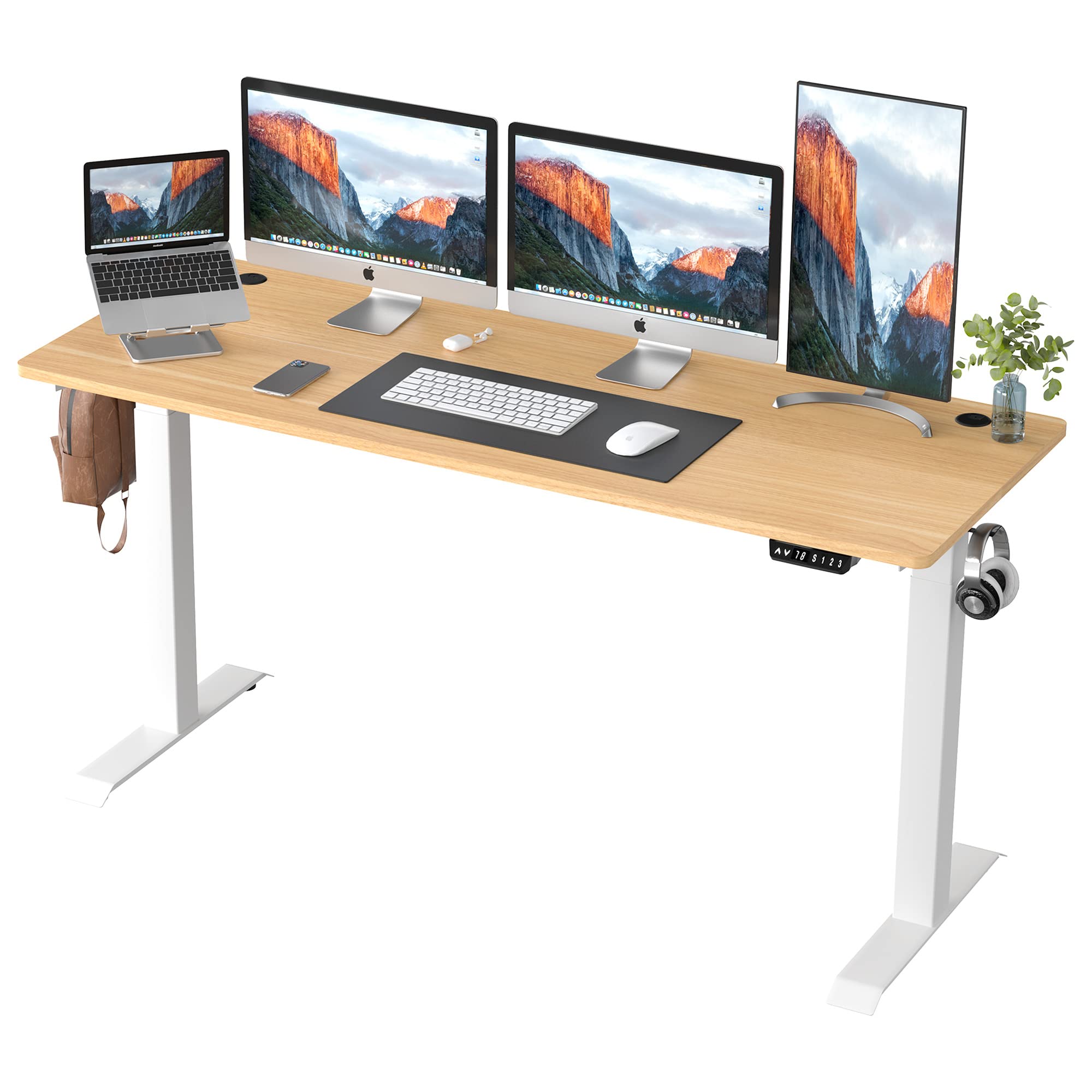 Shintenchi 63 x 24 Inch Electric Height Adjustable Standing Desk - White Frame & Walnut Top - Ergonomic Sit Stand Workstation with Splice Board for Home Office, Gaming & Study - Perfect for Remote Work & Computer Setup