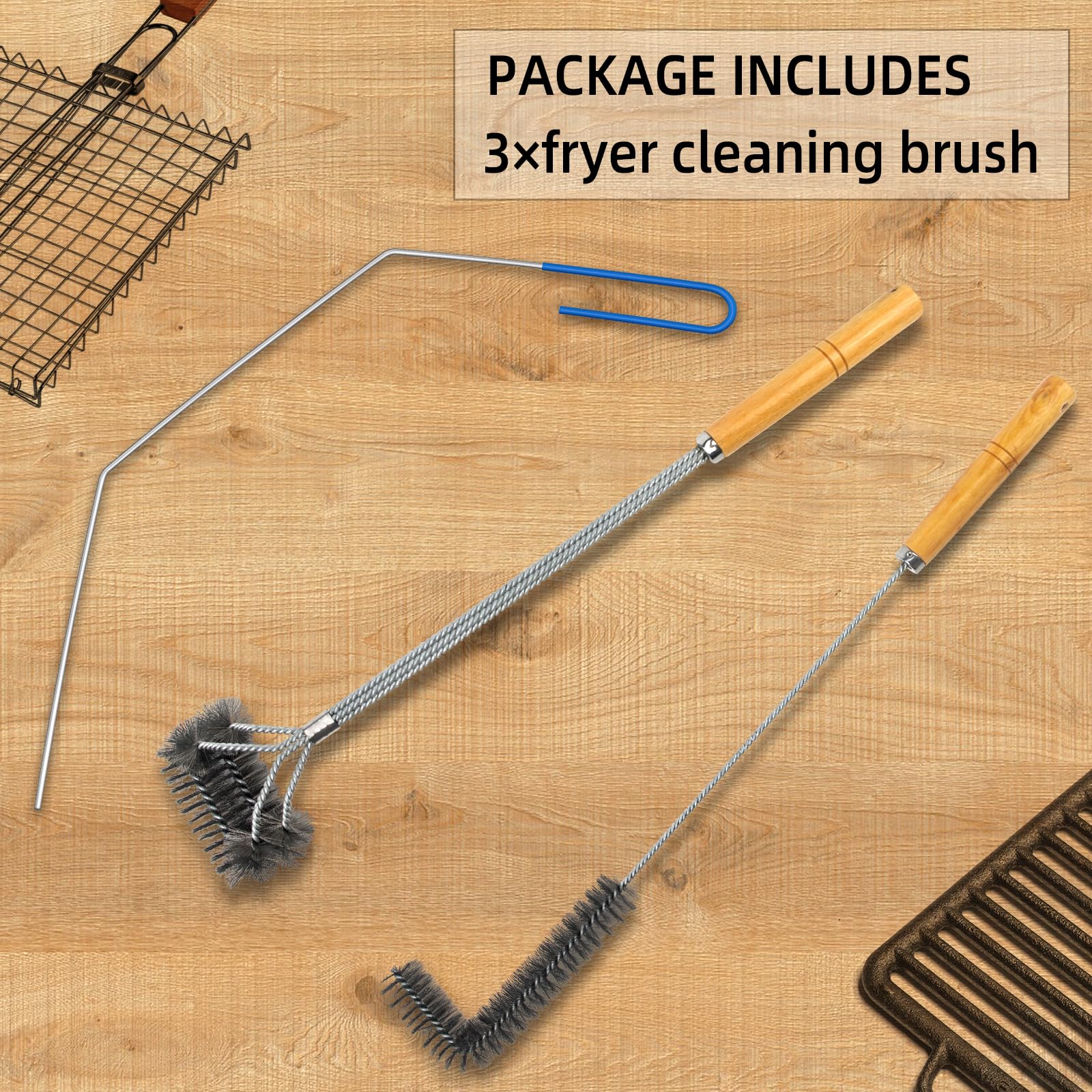 3-Piece Stainless Steel Fryer Cleaning Kit - Basket Brush, L-Shape Brush & Rod for Deep/Air Fryers