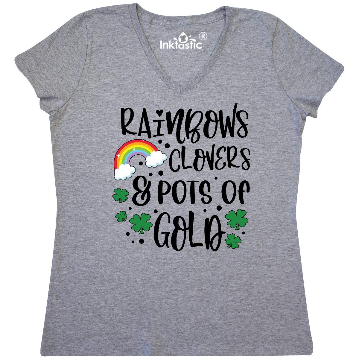 Inktastic St. Patrick's Day Women's V-Neck T-Shirt - Rainbow, Clover & Pot of Gold Design | Festive St. Paddy's Outfit for Party, Parade & Irish Celebration