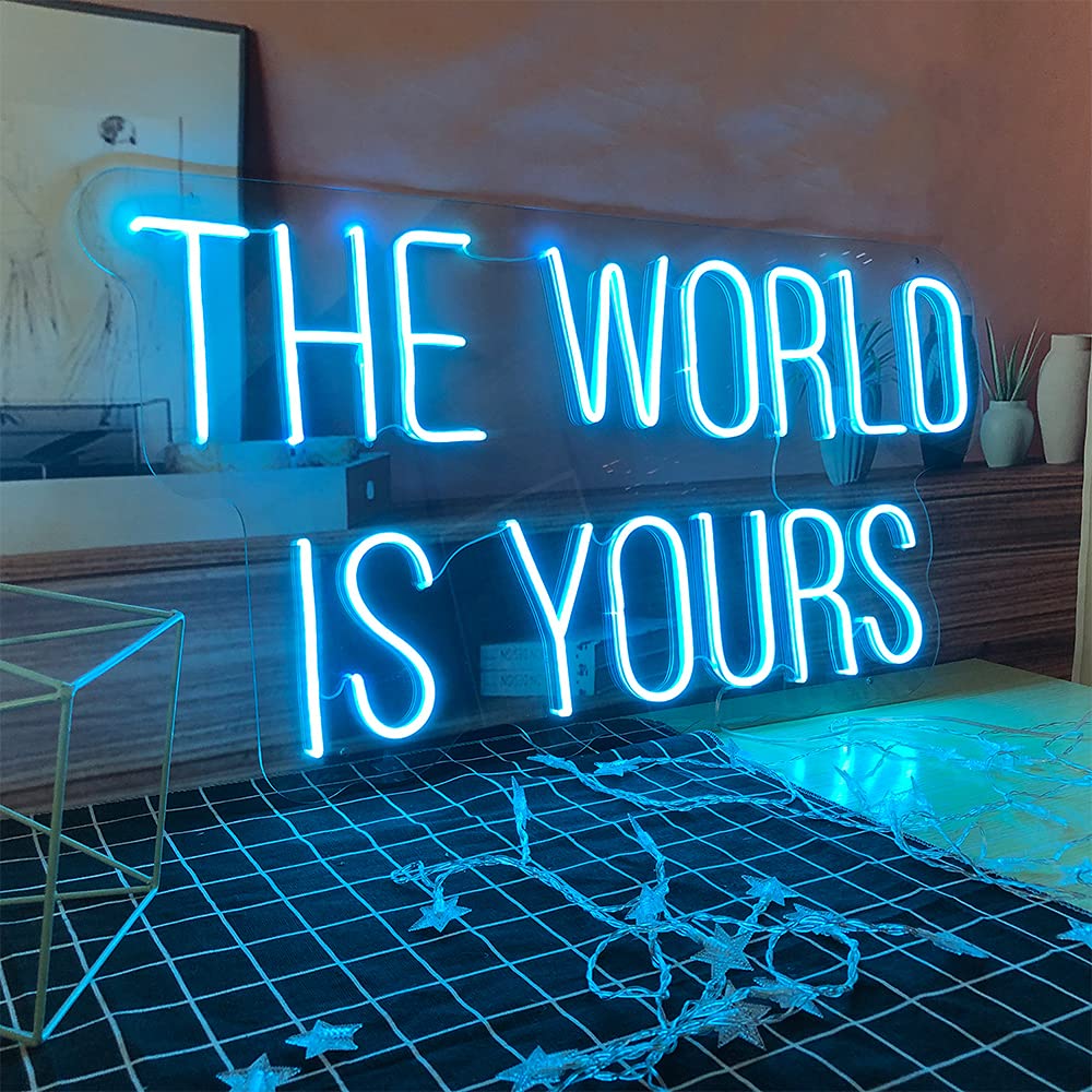 The World Is Yours LED Neon Sign - 25.9×13.4 Inch Transparent Acrylic Light Up Wall Decor for Bedroom, Living Room, Office - Perfect for Christmas, Parties, Weddings & Home Decor in Ice Blue