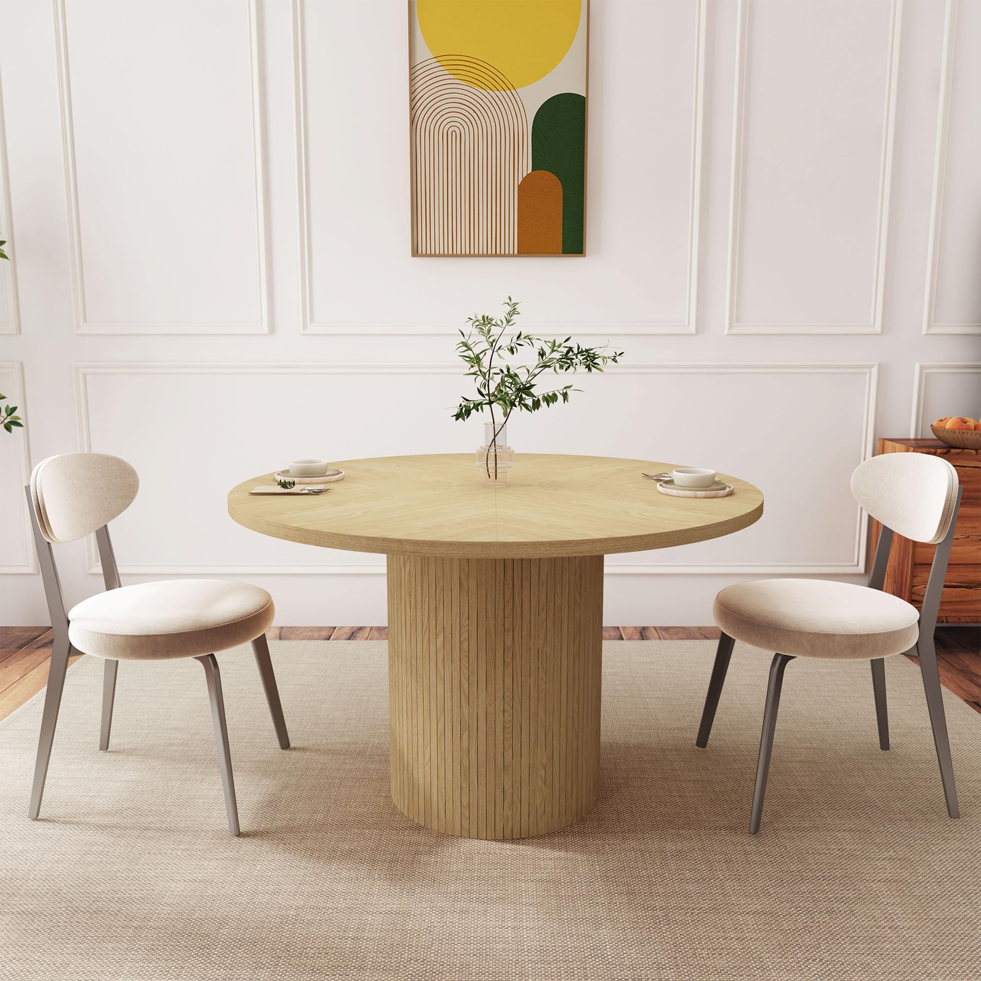 47 Inch Round Dining Table - Farmhouse Fluted Pedestal Base, Modern Solid Wood Small Circle Kitchen Table for Dining Room & Living Room | Perfect for Small Spaces, Breakfast Nooks & Cozy Gatherings