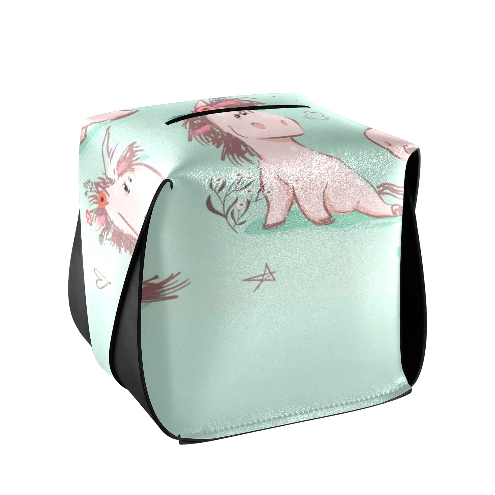 **Cute Cartoon Pink Unicorn Tissue Box Cover - Seamless Turquoise Leather with Handle - 9.4x5.1x3.6 Inches - Perfect for Bathroom, Home, Office, Car & Nightstand Decor**    *(Use Scenes: Adds a whimsical touch to your bathroom vanity, brightens your office desk, or keeps your car tissues stylishly organized!)*