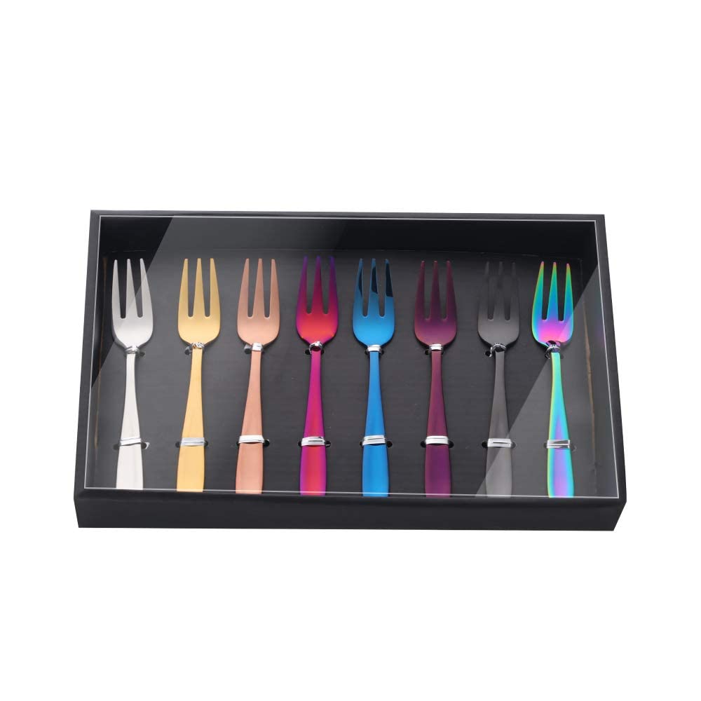 Premium YDware 18/10 Stainless Steel Appetizer Forks Set of 8 - 5.4 Inch Colorful Dessert Forks for Cake, Fruit, Tasting Parties - Elegant Gift Box Included - Perfect for Weddings, Catering & Home Entertaining
