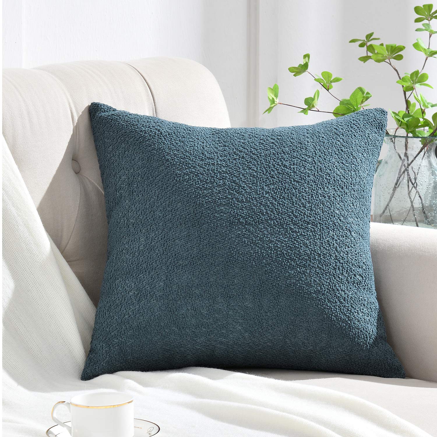 Cozy Boucle-Like Textured Throw Pillow Cover - 24x24 Inches, Smoky Blue - Soft Decorative Cushion for Sofa, Couch & Bed - Perfect for Living Room, Bedroom & Home Decor