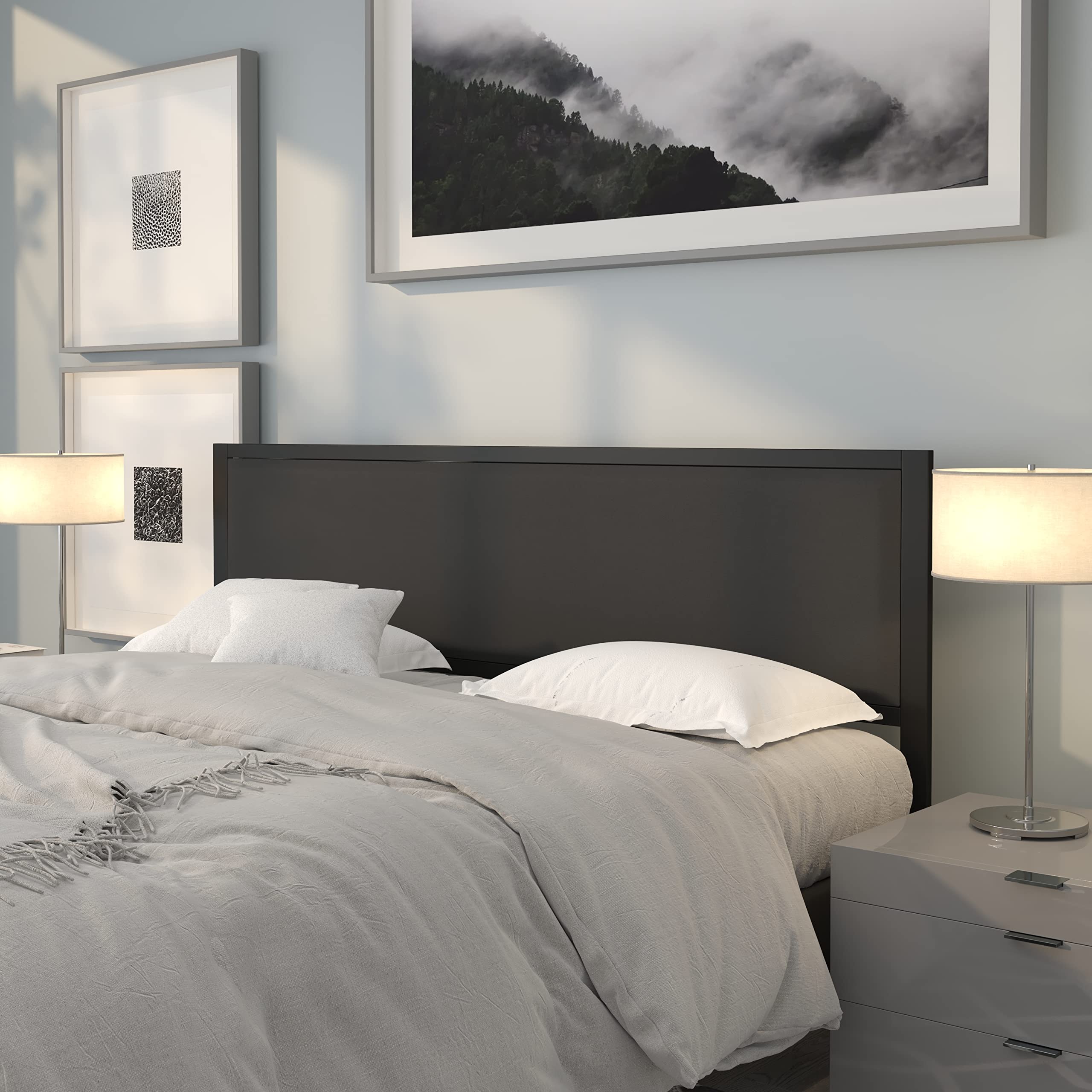 EMMA + OLIVER King Size Black Fabric Upholstered Panel Headboard with Metal Frame and Legs - Fits Standard Bed Frames - Perfect for Master Bedroom, Guest Room, and Modern Home Decor