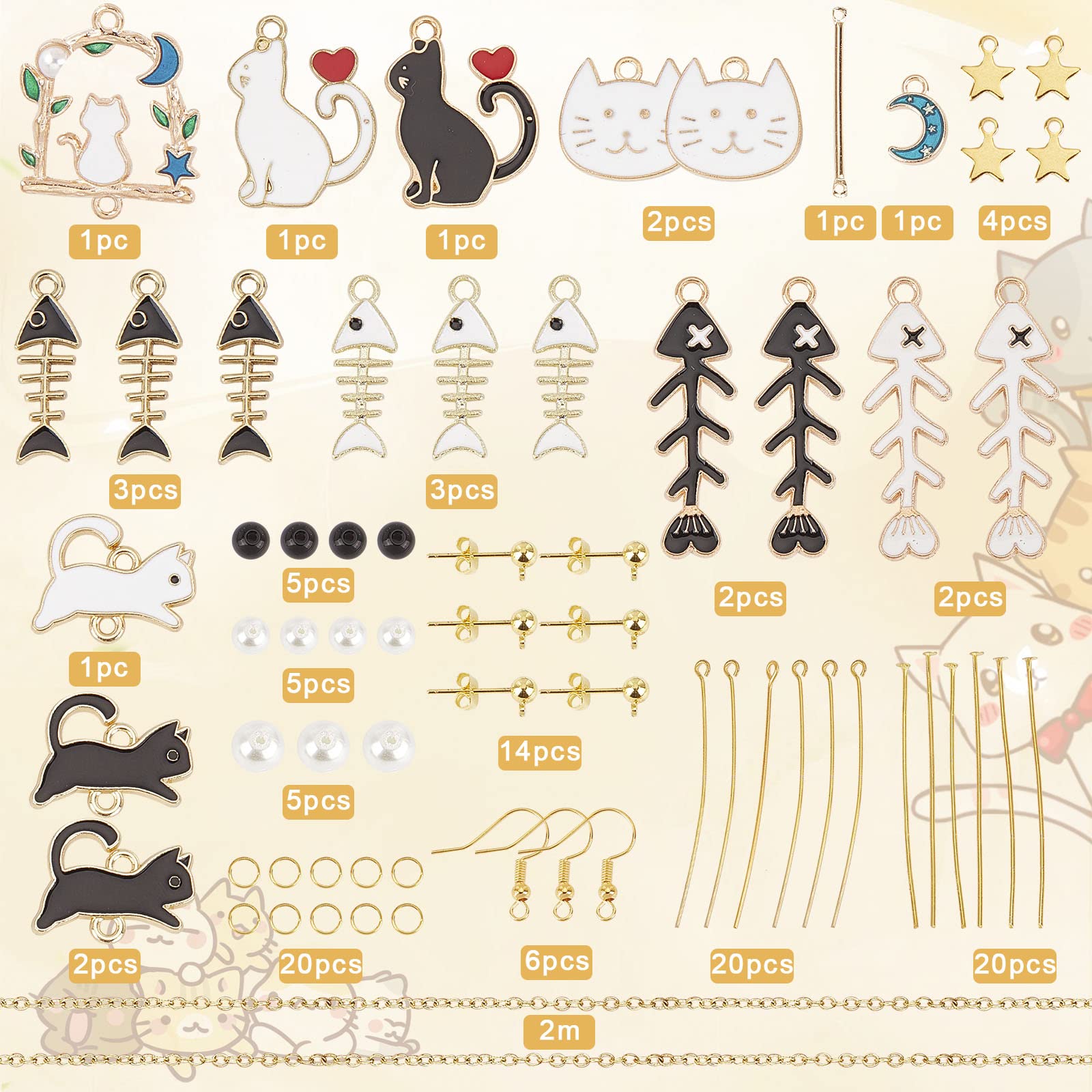 SunnyClue 10-Pair Cat Earrings DIY Starter Kit - Dangle Earrings Making Supplies with Glass Beads & Fish Bone Charms for Jewelry Crafting | Perfect Gift for Women, Beginners & Pet Lovers (Great for Parties, Craft Workshops & Personalized Jewelry Making)