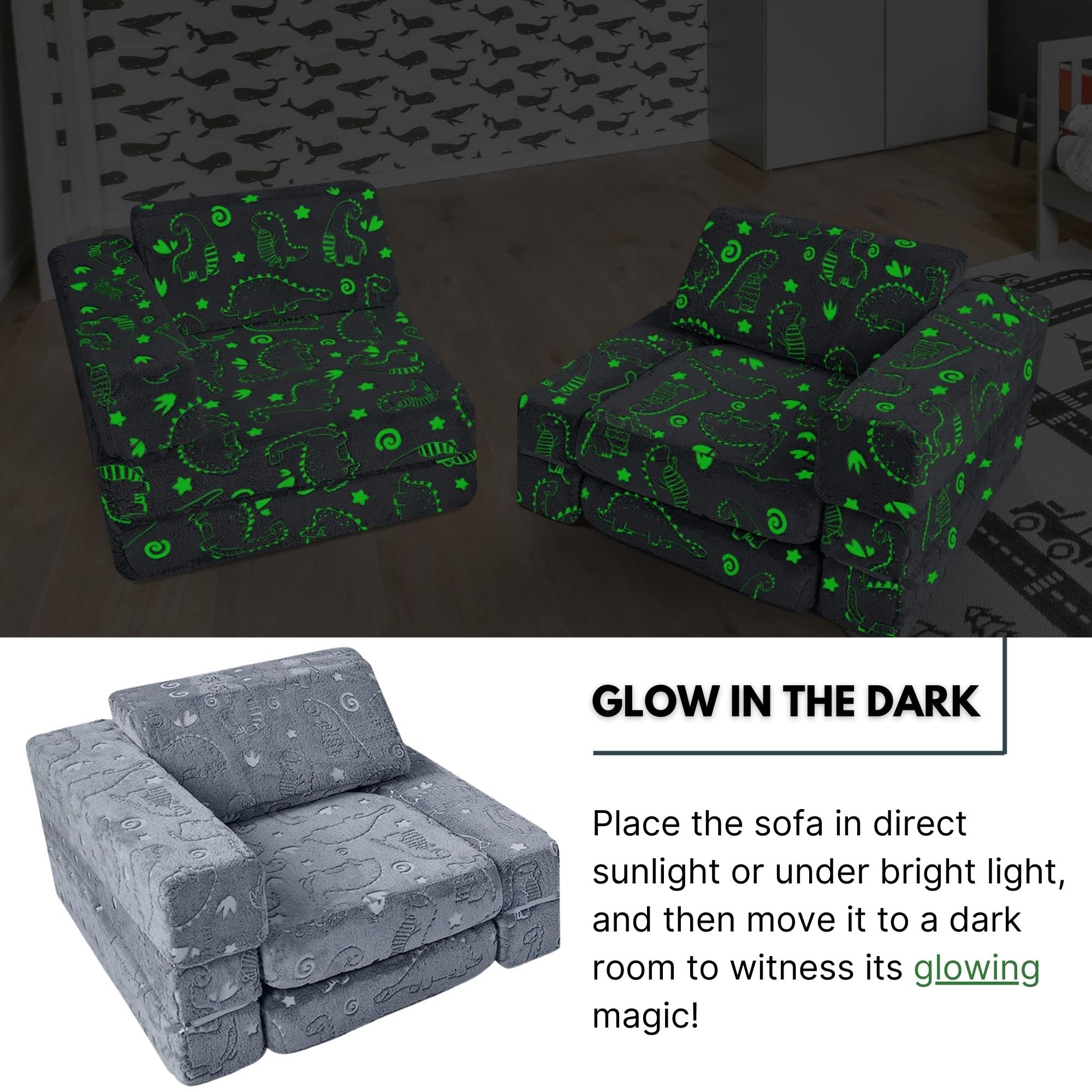 MeMoreCool 10-Piece Modular Kids Play Couch Set - Soft Foldable Sofa for Boys & Girls, Glow-in-The-Dark Dinosaur Design - Perfect for Playroom, Bedroom & Indoor Playtime Activities