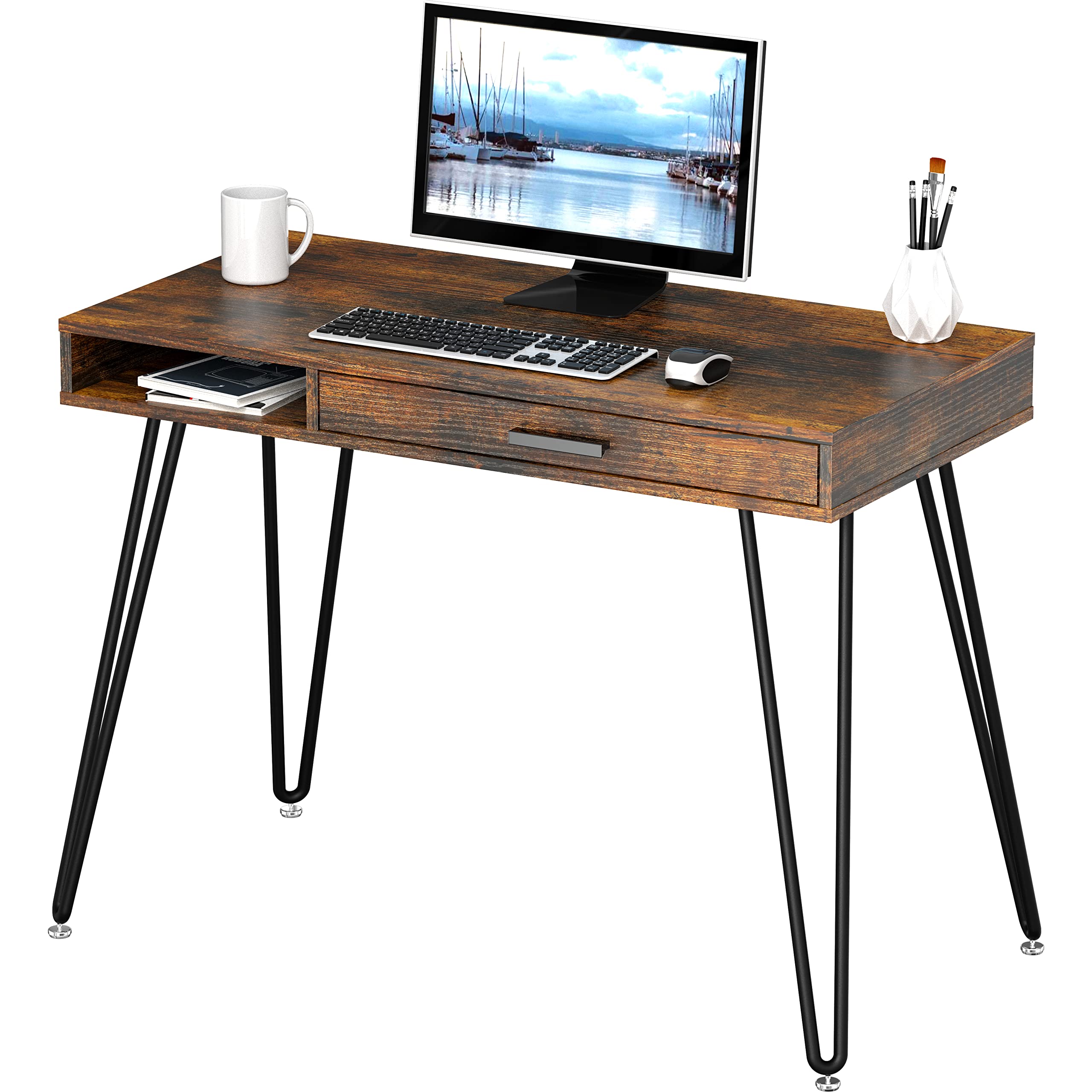 SHW Home Office Computer Desk with Drawer & Hairpin Legs - Rustic Brown Wood Writing Table for Small Spaces, Work from Home, Study & Office Use