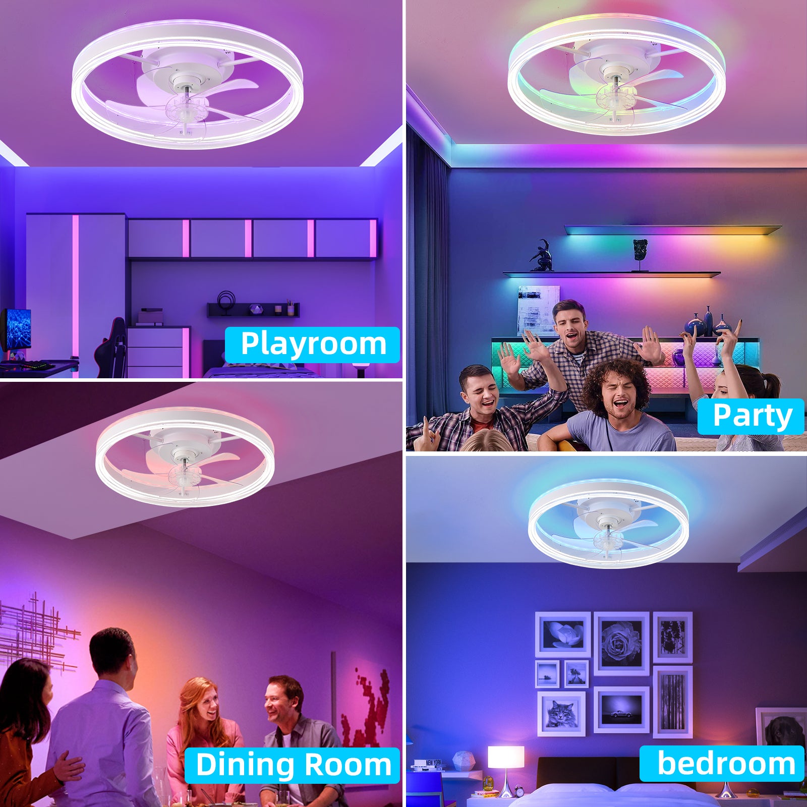 19.7 Inch RGB LED Ceiling Fan with Light - 3 Color Temperatures, 6 Speed Adjustable, Reversible Rotation - Perfect for Bedroom, Living Room & Home Office