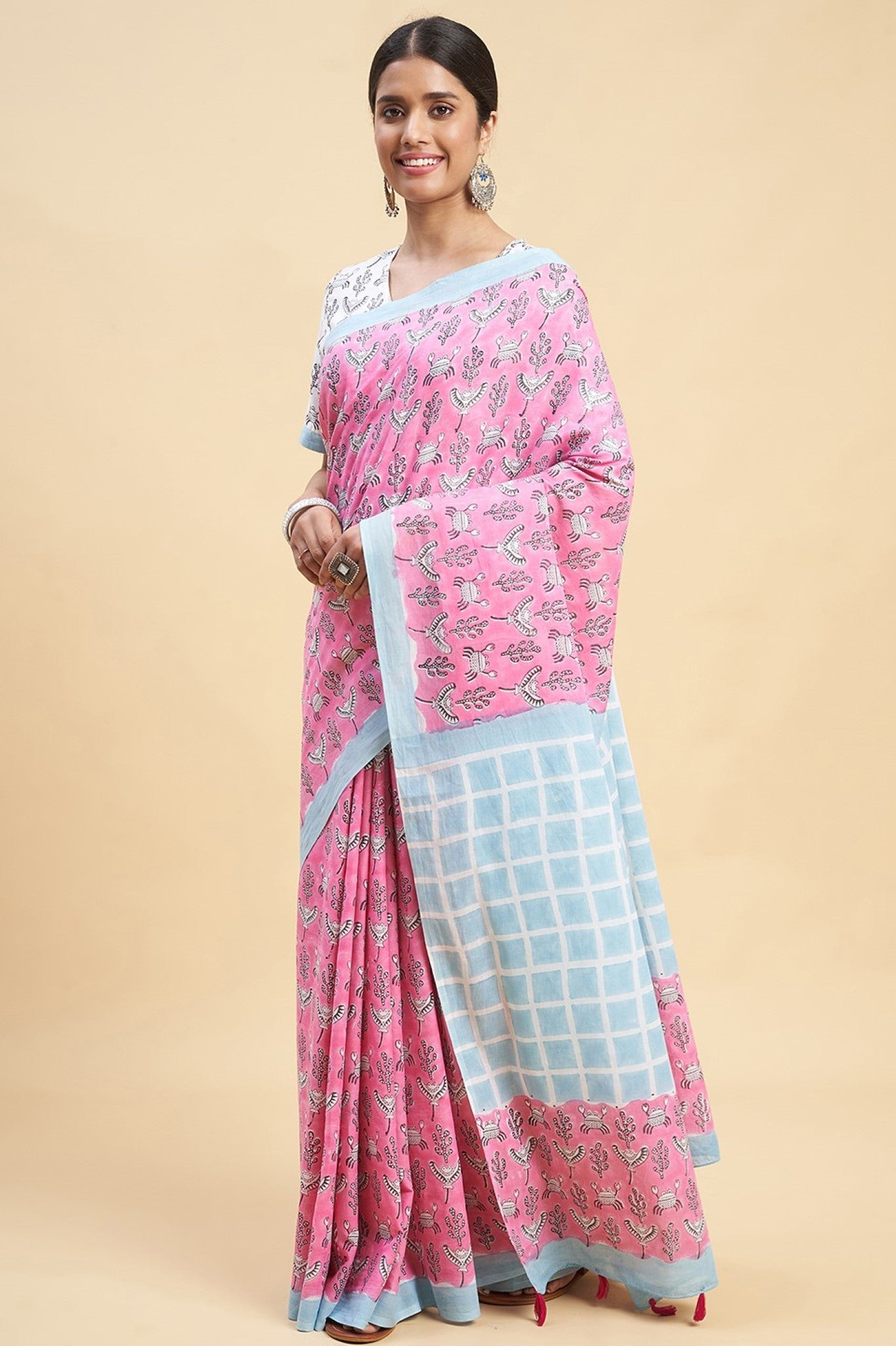 Pink Crab Block Printed Cotton Saree - Handmade Traditional Indian Saree for Women - Perfect for Festivals, Weddings & Cultural Events