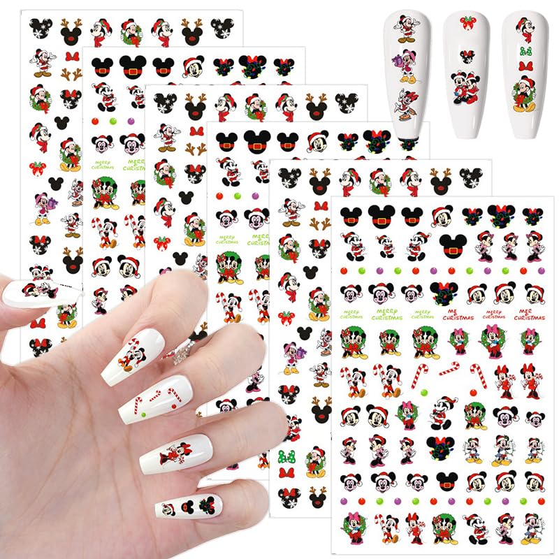 Christmas Nail Stickers - 6 Sheets Cute Mickey Mouse Nail Art Decals for Women, Self-Adhesive Cartoon Nail Designs for DIY Manicure | Perfect for Holiday Parties, Gift Giving & Festive Nail Decorations