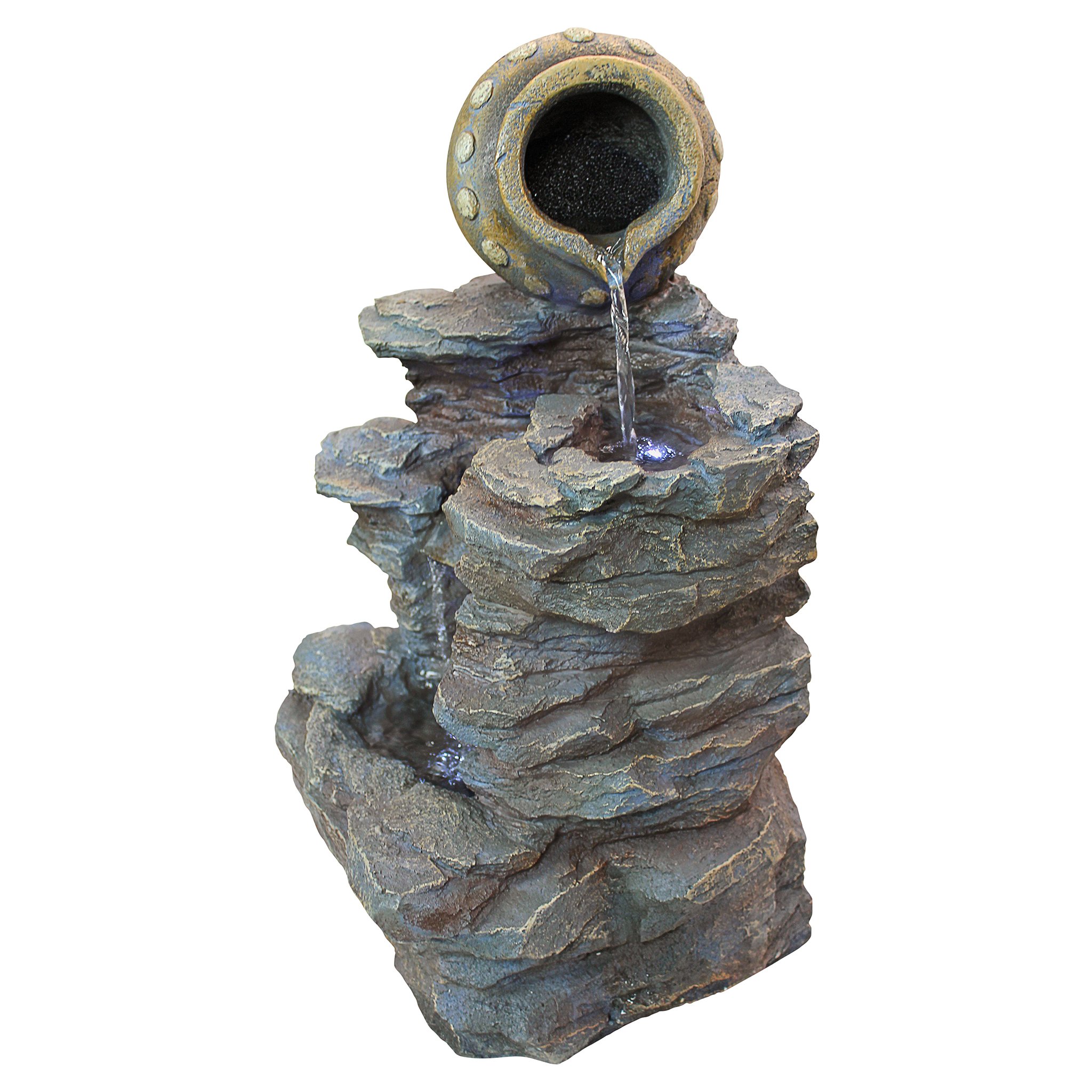 LED Light Water Fountain - Spilling Jug Rock Fountain for Garden, Patio, Yard | Outdoor Decorative Water Feature with Relaxing Sounds for Meditation & Backyard Landscaping