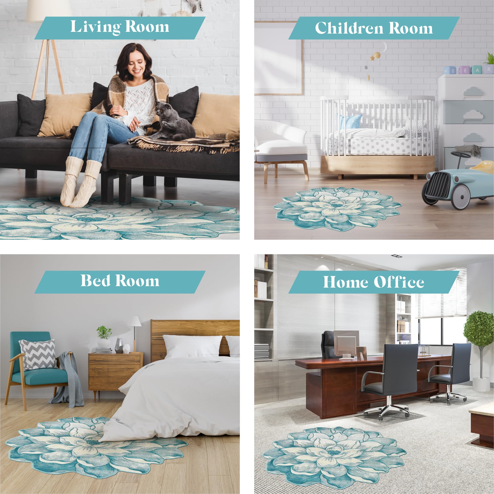 5ft Round Flower Shaped Area Rug - Soft Plush Circle Carpet for Bedroom, Living Room, Nursery | Non-Slip Girly Home Decor (Blue) - Perfect for Boho Chic Decor & Cozy Floor Seating Areas