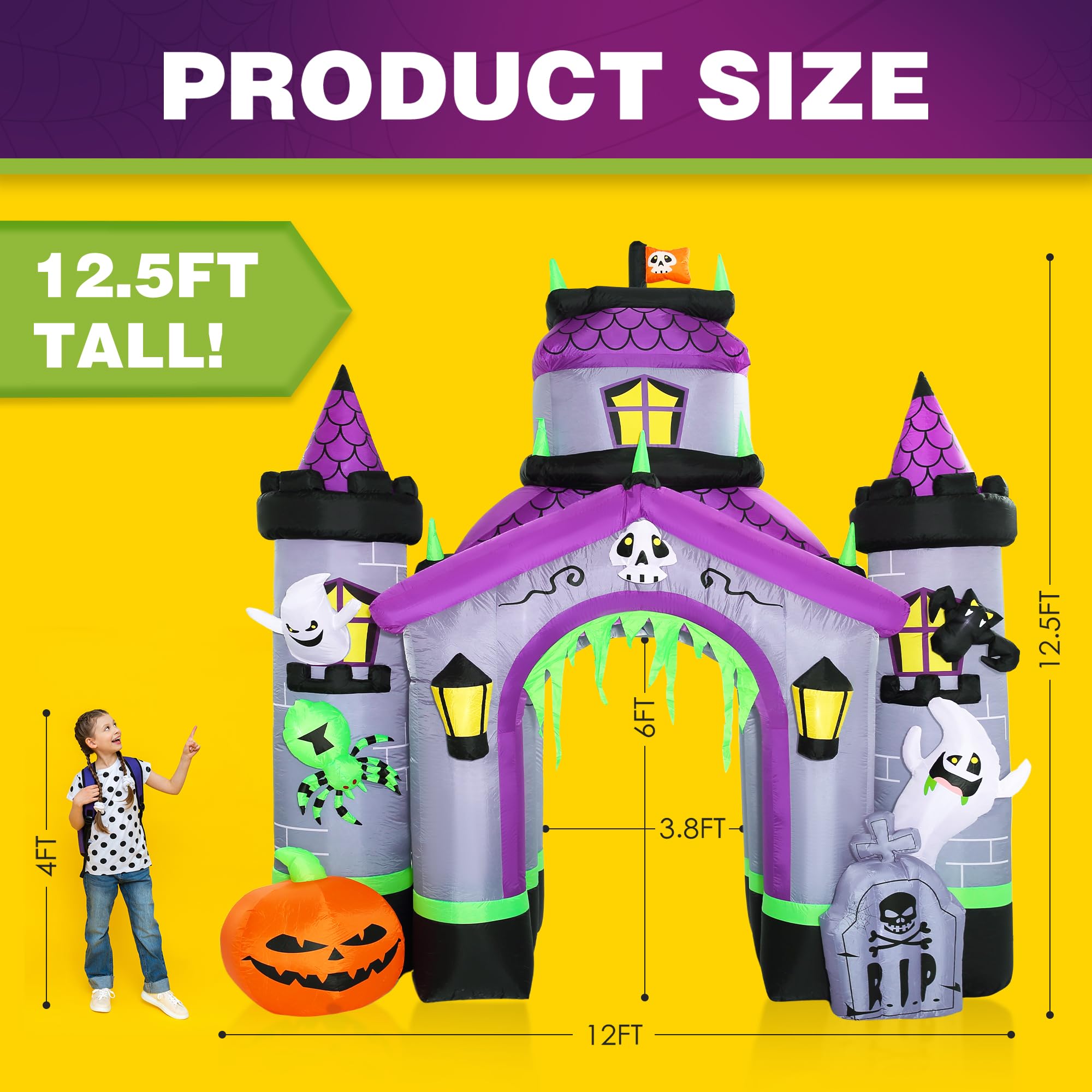 12.5 FT Giant Halloween Inflatable Haunted House Castle Archway - Outdoor Halloween Decorations for Front Lawn, Garden, and Yard - Spooky Blow Up Decor for Halloween Parties & Trick or Treating