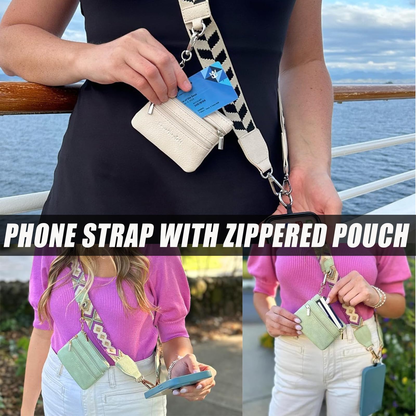 2025 New Adjustable Clip and Go Phone Strap with Zippered Pouch & Crossbody Wallet - Hands-Free Phone Holder for iPhone Samsung - Perfect for Shopping, Travel, and Everyday Use (1P-A)