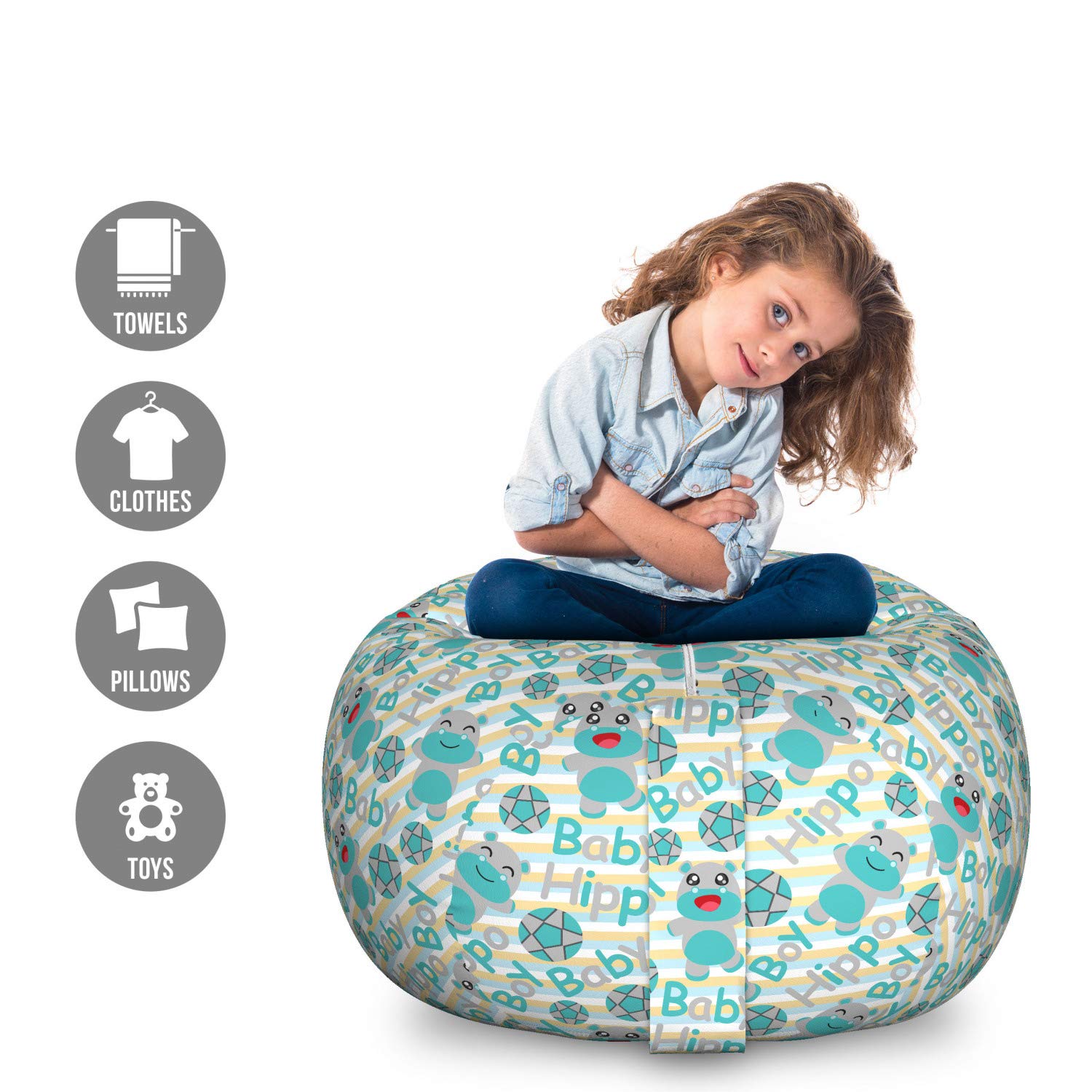 Ambesonne Cartoon Hippo Toy Storage Bag Chair - Large Washable Stuffed Animal Organizer with Pastel Stripes & Ball Pattern - Perfect for Kids' Room, Playroom & Nursery Organization - Dark Seafoam Grey
