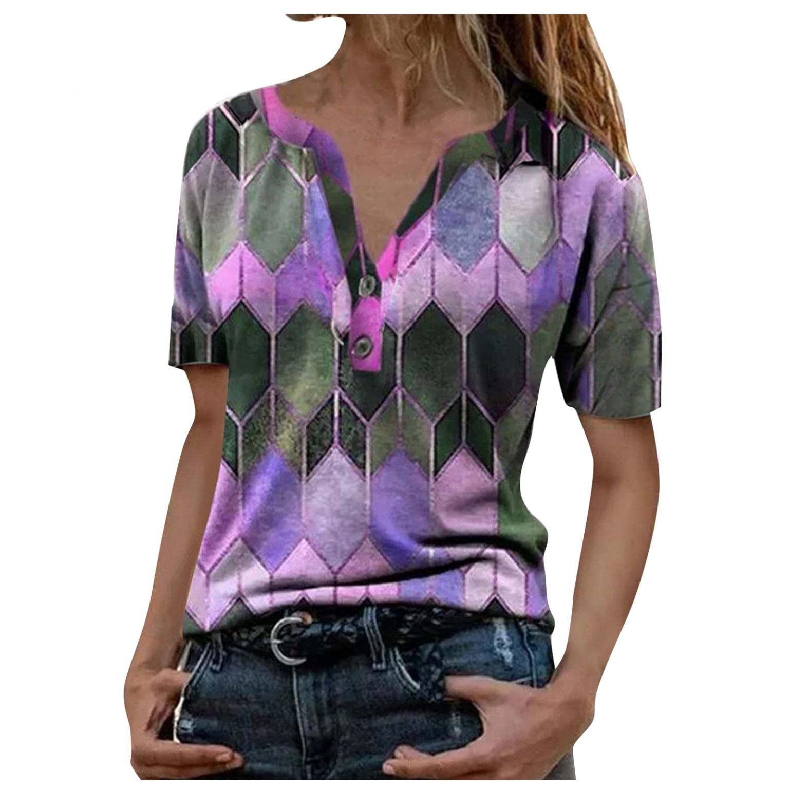 Women's Casual Tops - Loose Fit Button-Up Short Sleeve T-Shirts & Blouses | Comfortable Pullover Henley Shirts for Everyday Wear, Work & Weekend Outfits