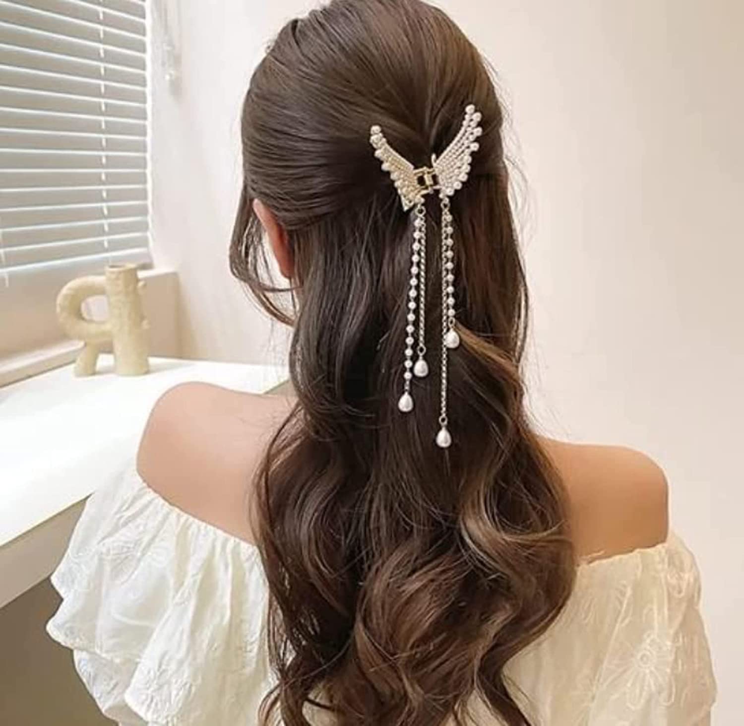 KINTIN Pearl Butterfly Hair Clips - Elegant Stone & Metal Hair Claw for Women & Girls | Wedding, Party, Prom Hair Accessories (1 Piece) | Perfect for Bridal Hairstyles, Date Nights & Special Occasions