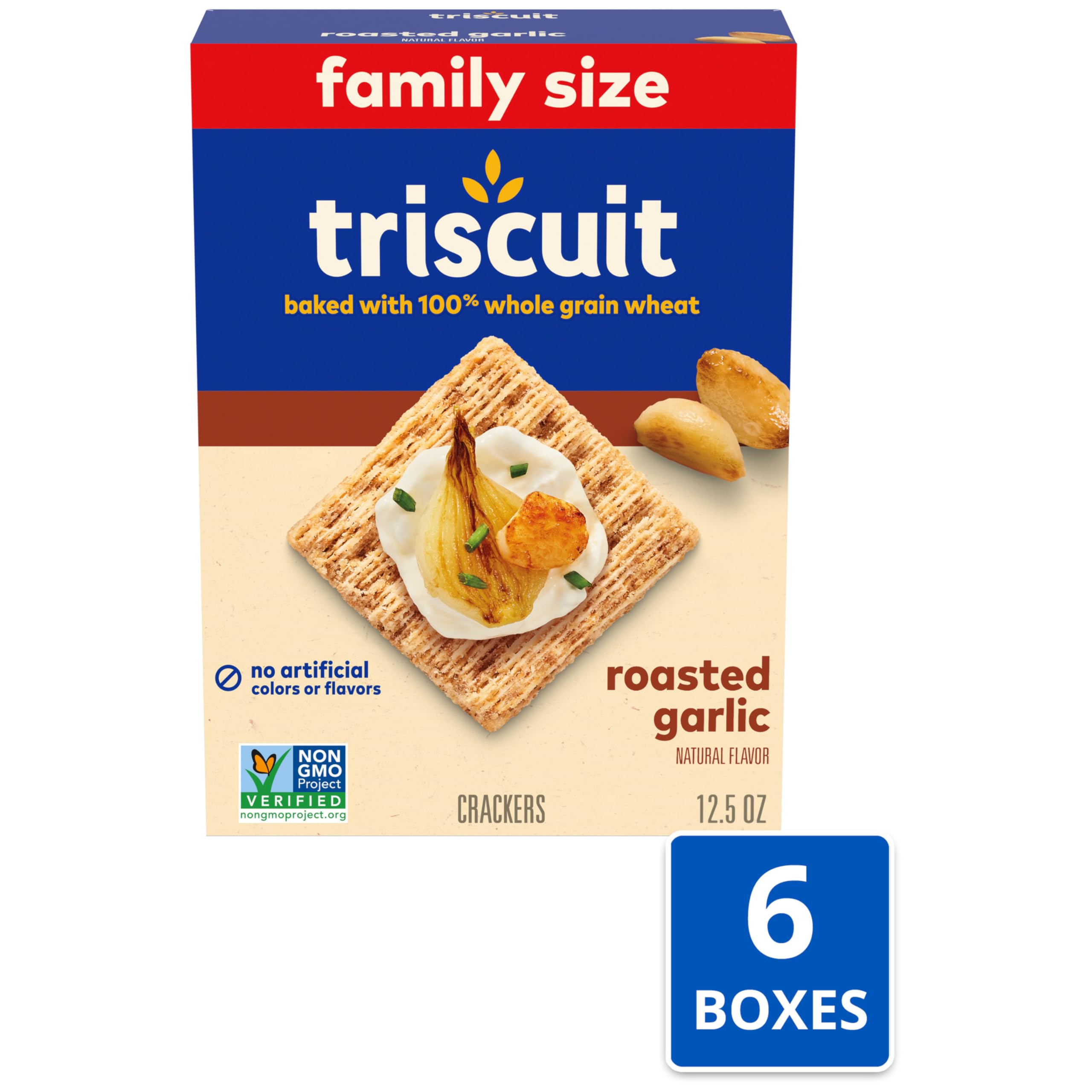 Triscuit Roasted Garlic Whole Grain Wheat Crackers - Healthy Lunch Snacks, Bulk Family Size (6-12.5 oz) | Perfect for Office, School & Picnic Snacking