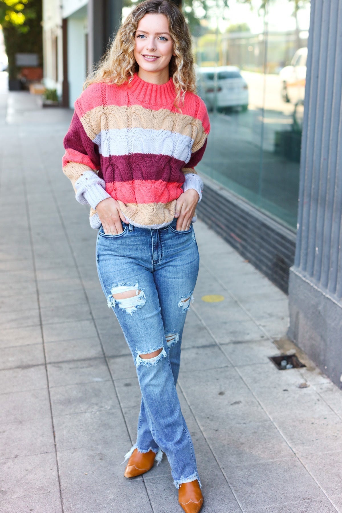 Rust & Multicolor Striped Cable Knit Mock Neck Sweater for Women | Cozy Fall & Winter Pullover | Perfect for Casual Outfits, Office Wear & Holiday Gatherings