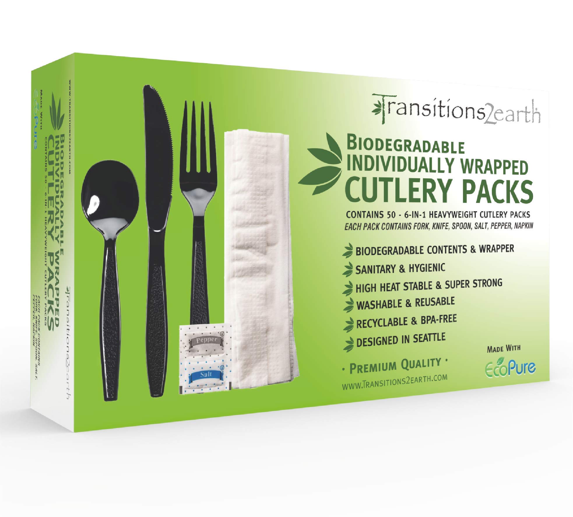 EcoPure Biodegradable 6-in-1 Heavy Duty Cutlery Set - 500 Pack (Fork, Knife, Spoon, Napkin, Salt & Pepper) - Individually Wrapped Eco-Friendly Utensils for Parties, Picnics, Catering & Takeout