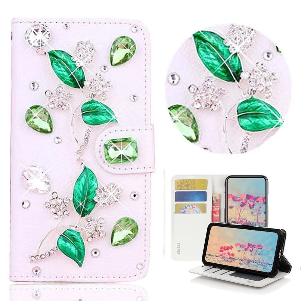 STENES Bling Wallet Phone Case for iPhone 12 - 3D Handmade Leaf Design Leather Cover with Card Slots, Screen Protector & Neck Strap Lanyard - Stylish Green Women's Fashion Accessory - Perfect for Parties, Travel and Everyday Use