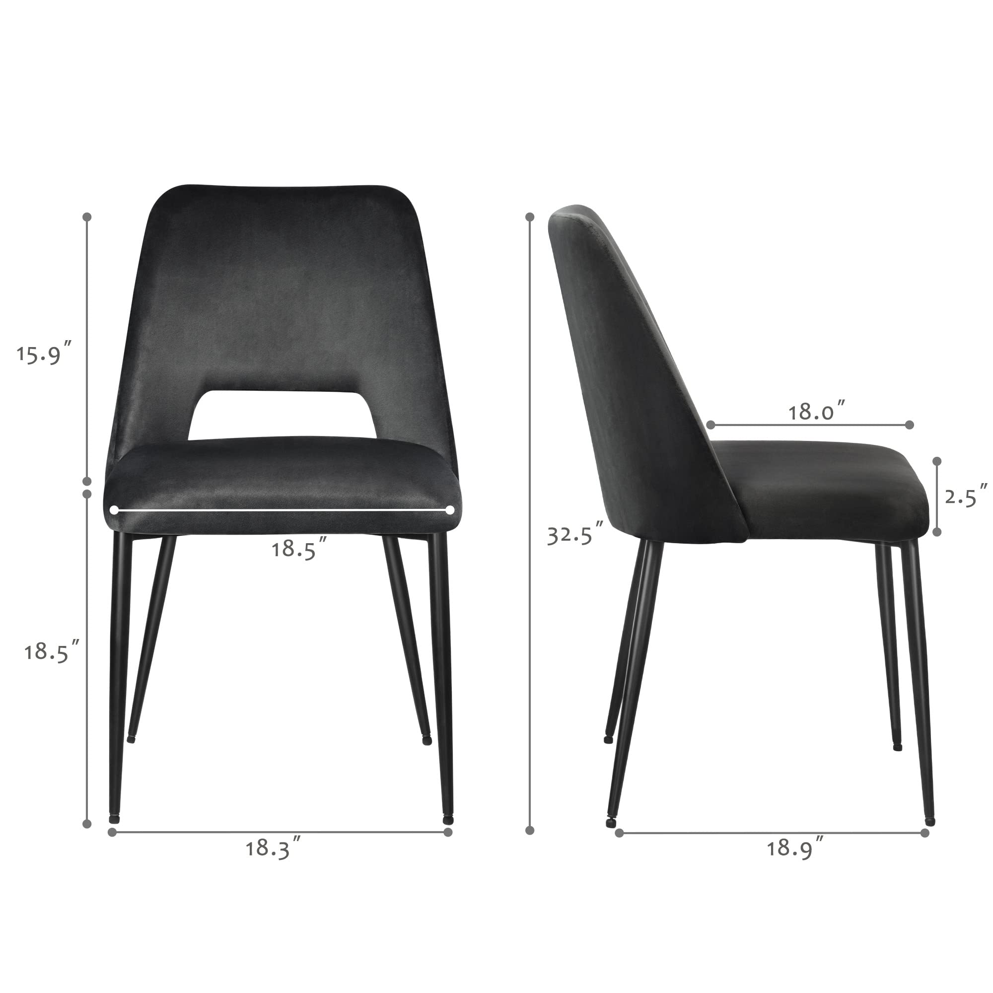 Modern Velvet Dining Chairs Set of 2 - Thick Cushioned Kitchen & Dining Room Chairs with Sturdy Metal Legs - Elegant Black Upholstered Seating for Home, Restaurant or Office Use