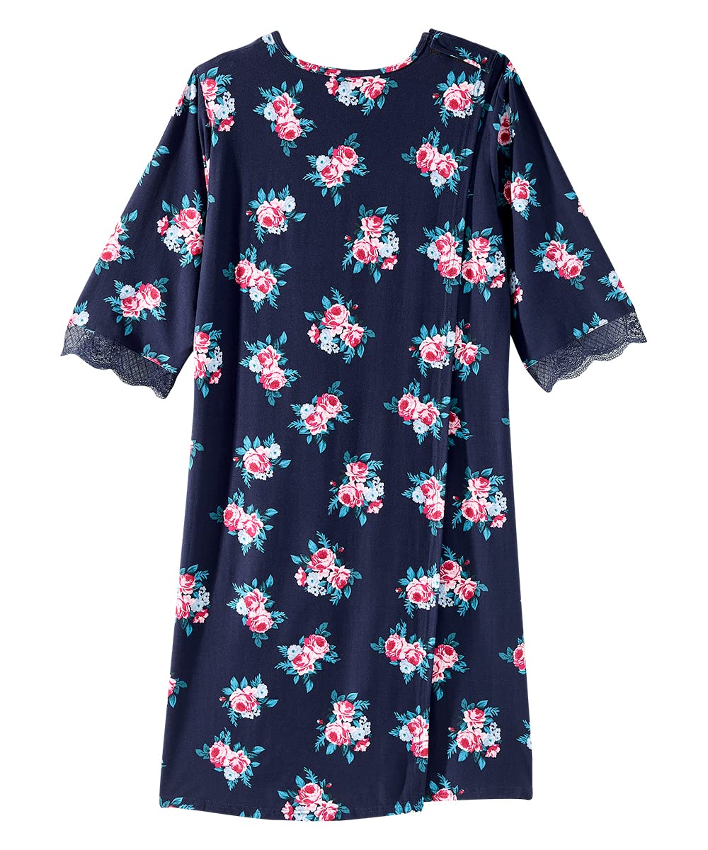 Silverts Open-Back Hospital Gowns for Women - Comfortable Easy-Dressing Patient Gowns for Seniors & Recovery - Milk Silk Lace 3/4 Sleeve - Ideal for Hospital Stays, Post-Surgery Care & Home Nursing